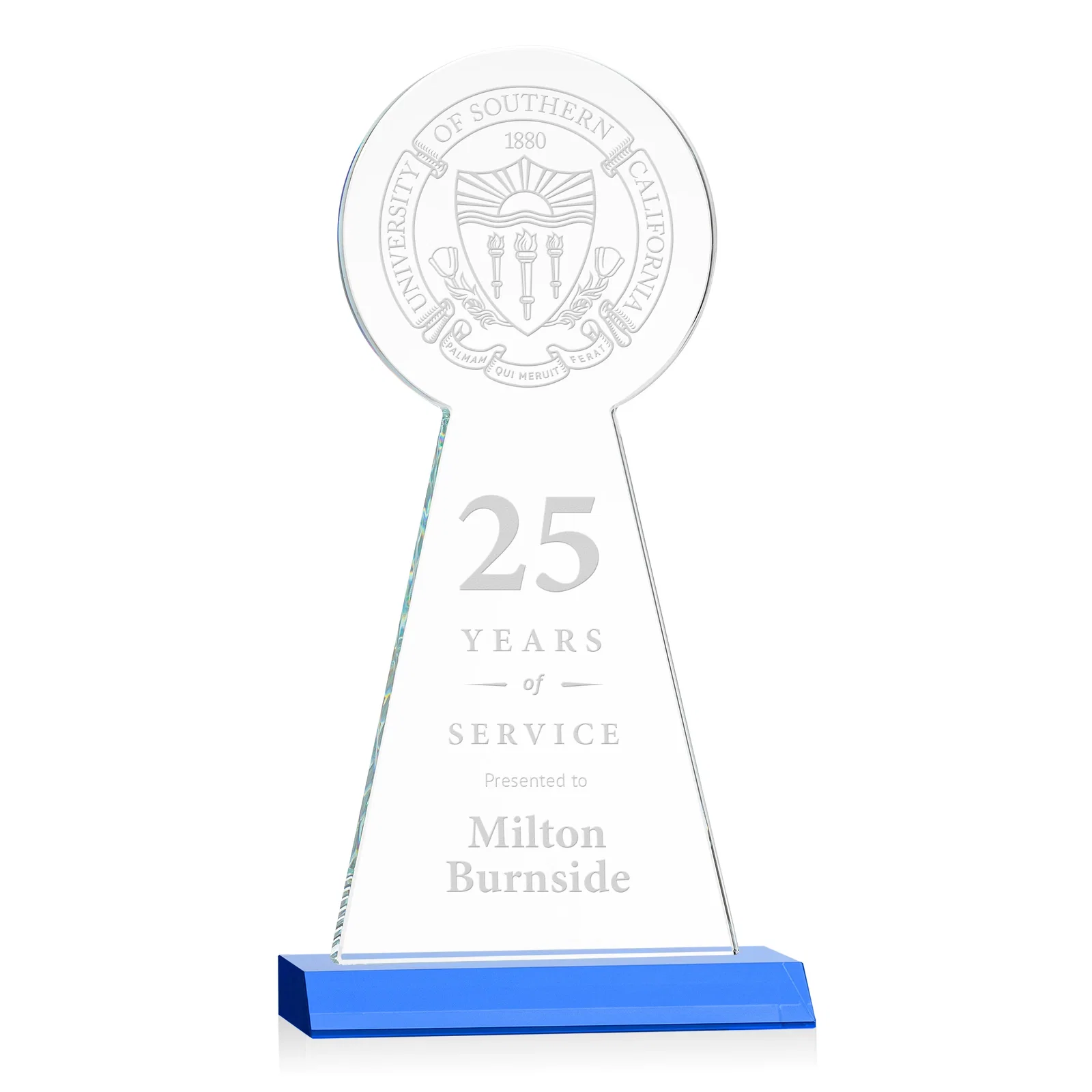 Promotional Starfire Crystal Tower Award With Large Circle Top for retirement presentations