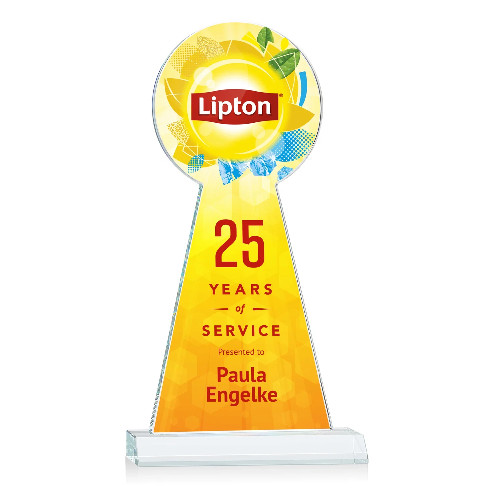 Branded Starfire Crystal Tower Award With Large Circle Top for employee recognition