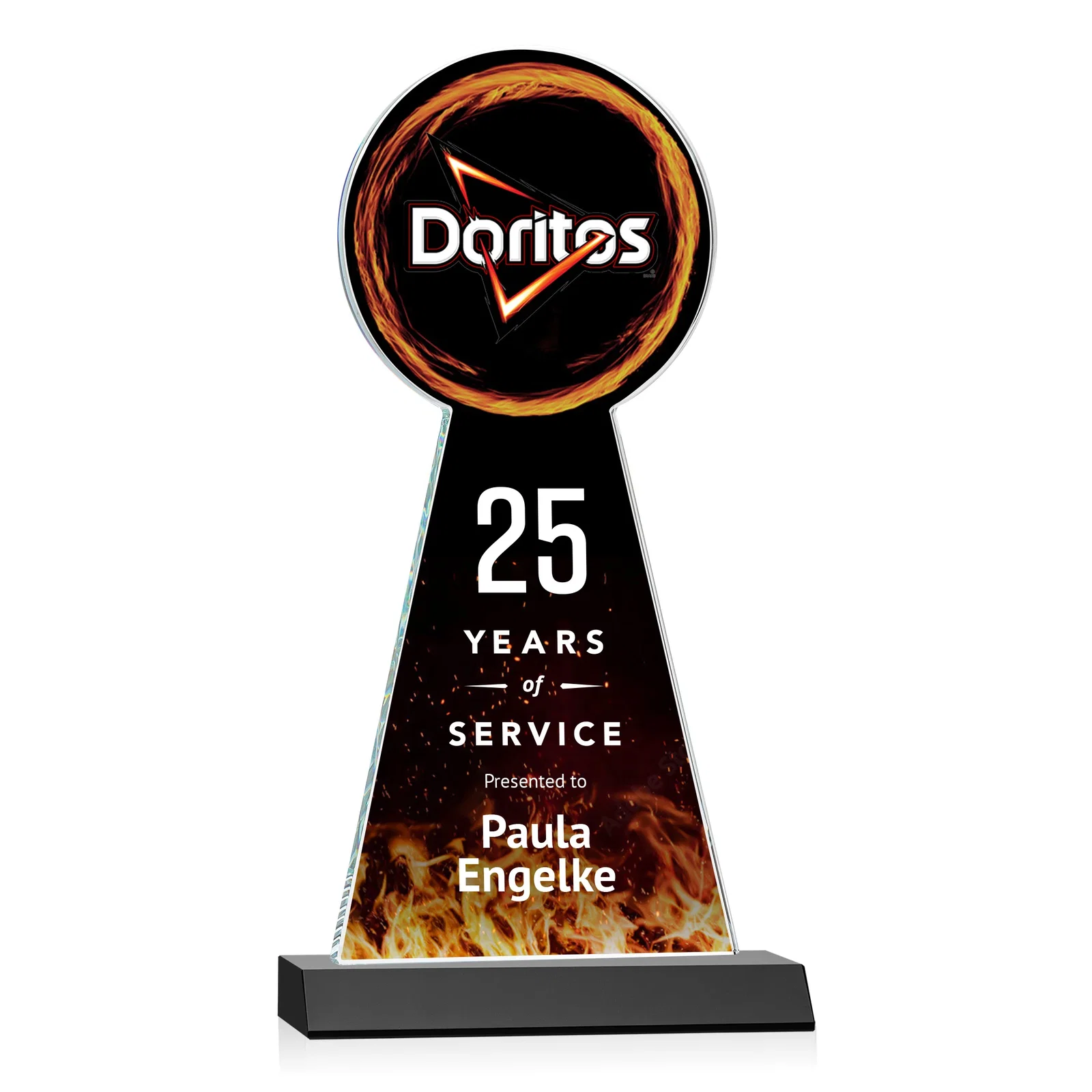 Custom printed Starfire Crystal Tower Award With Large Circle Top for employee recognition