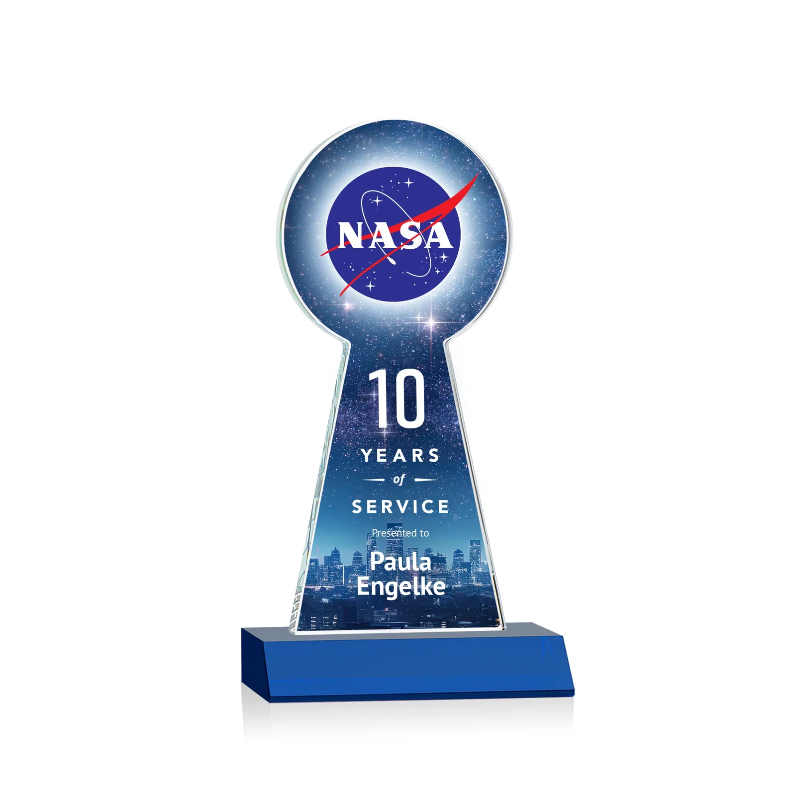 Custom printed Starfire Crystal Tower Award With Large Circle Top for service anniversary gifts