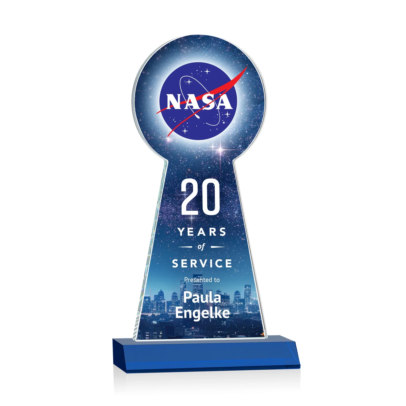 Custom printed Starfire Crystal Tower Award With Large Circle Top for sales achievement awards