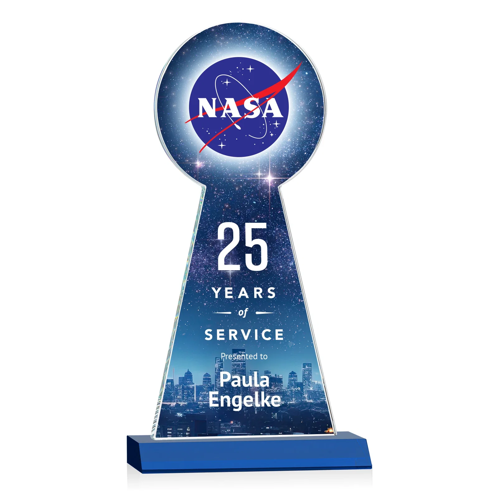 Custom printed Starfire Crystal Tower Award With Large Circle Top for retirement presentations