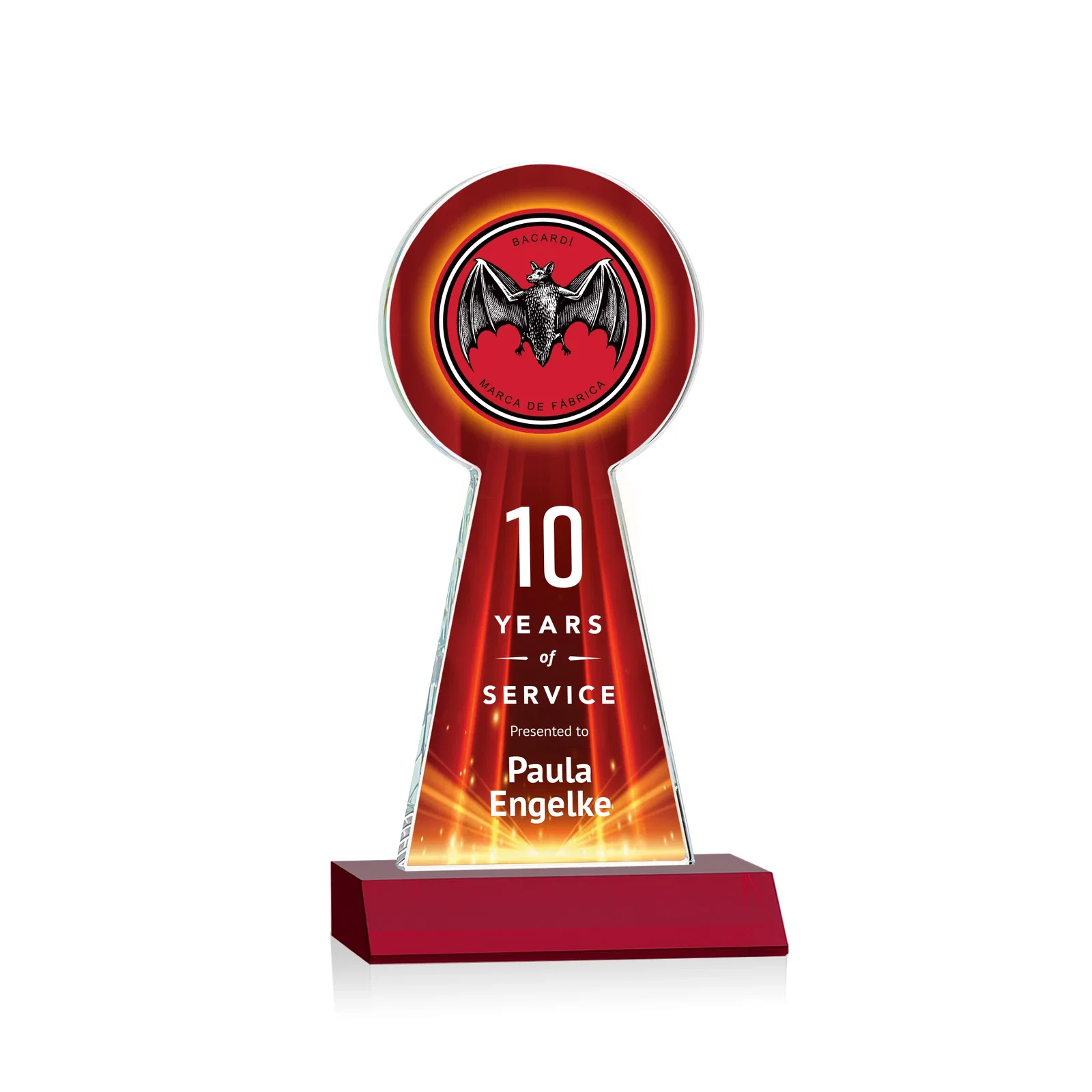 Custom printed Starfire Crystal Tower Award With Large Circle Top for donor appreciation