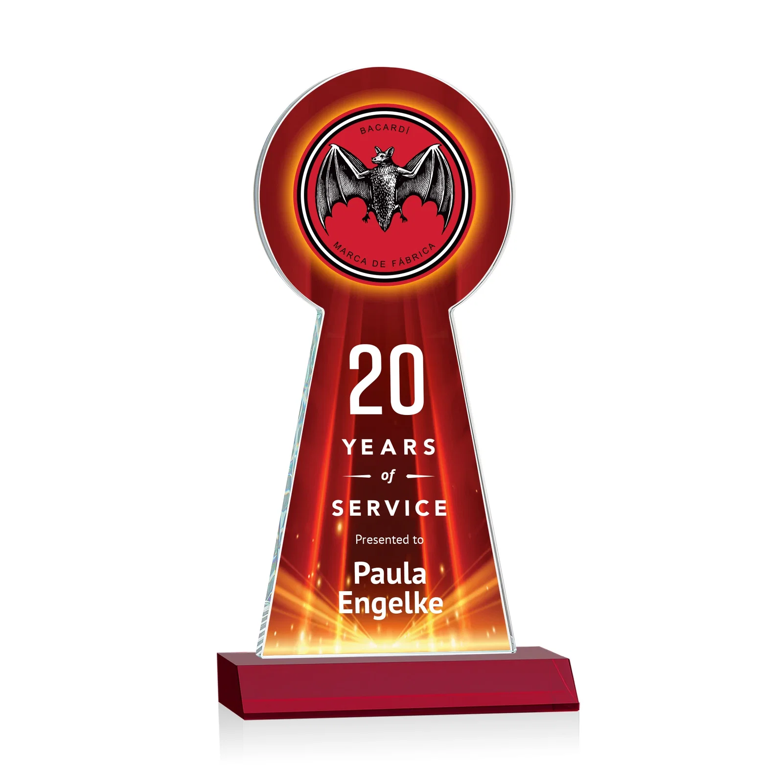 Custom printed Starfire Crystal Tower Award With Large Circle Top for graduation ceremonies