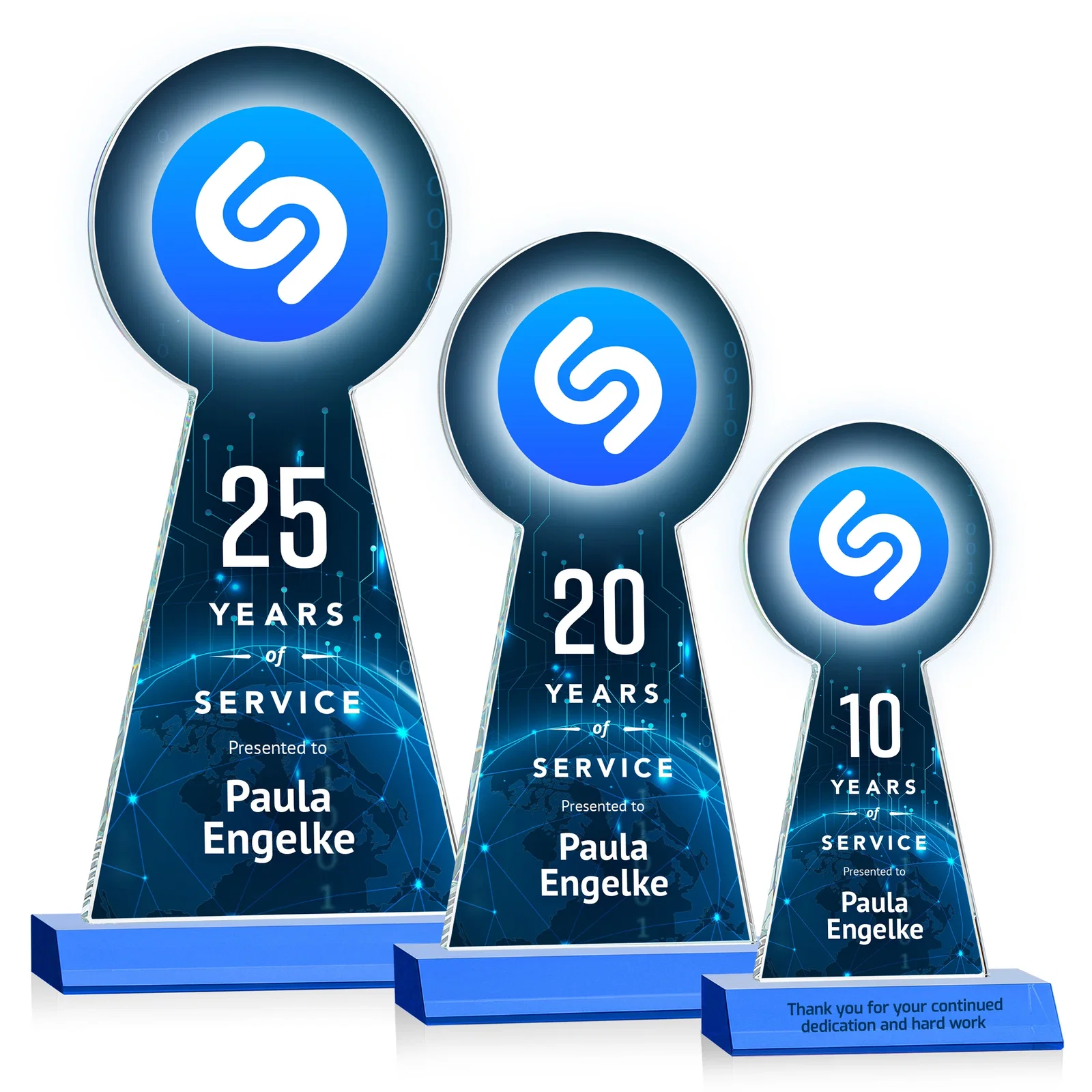 Custom printed Starfire Crystal Tower Award With Large Circle Top for volunteer appreciation