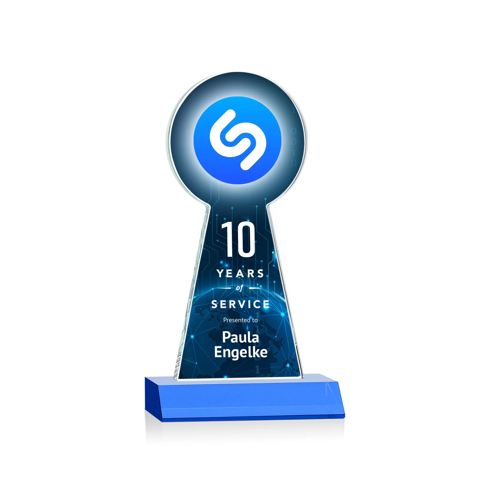 Custom printed Starfire Crystal Tower Award With Large Circle Top for dealer and partner awards