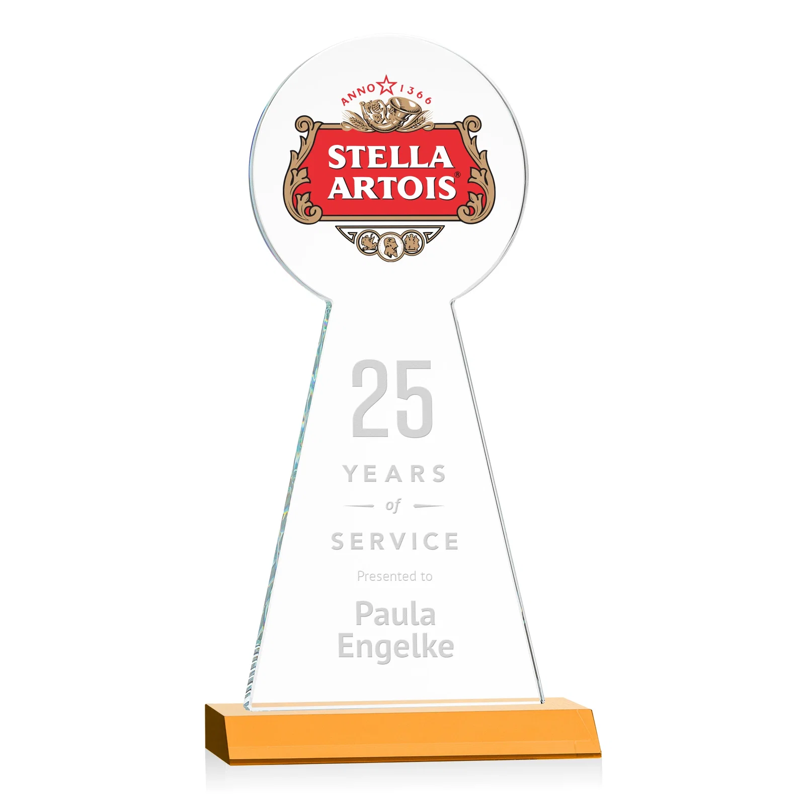Custom engraved Starfire Crystal Tower Award With Large Circle Top for employee recognition