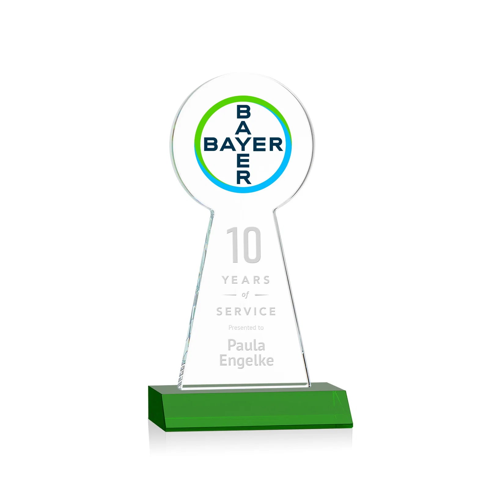Custom engraved Starfire Crystal Tower Award With Large Circle Top for service anniversary gifts
