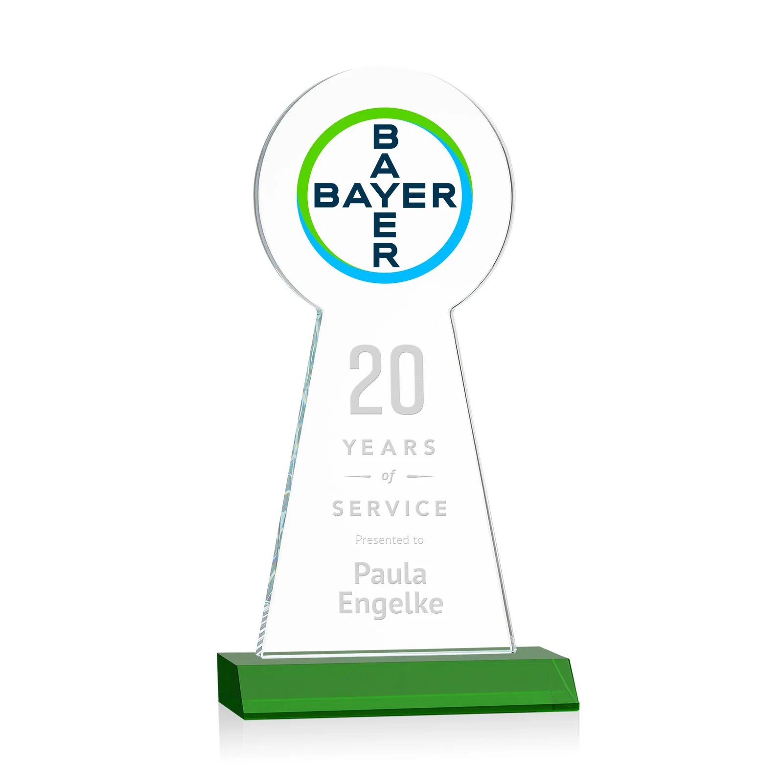 Custom engraved Starfire Crystal Tower Award With Large Circle Top for sales achievement awards