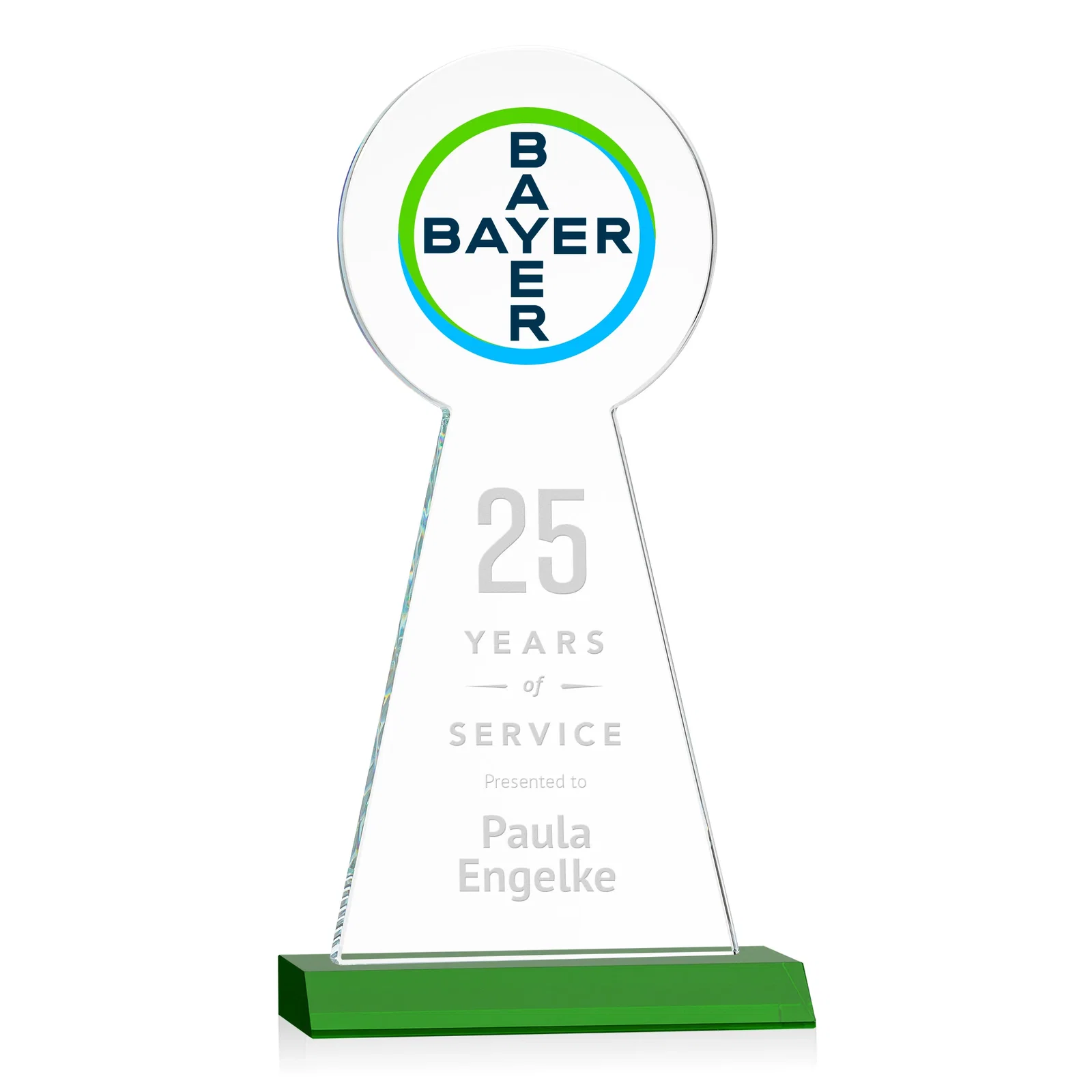 Custom engraved Starfire Crystal Tower Award With Large Circle Top for retirement presentations