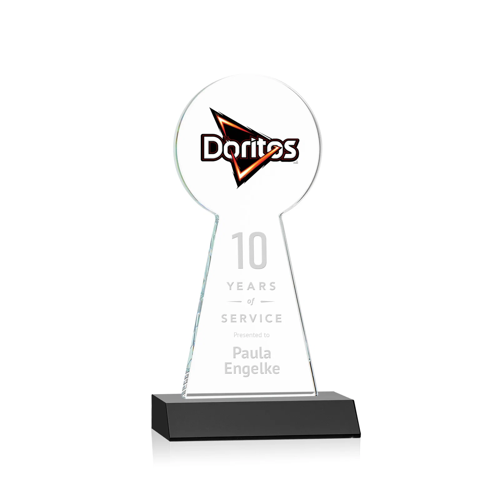 Custom engraved Starfire Crystal Tower Award With Large Circle Top for donor appreciation
