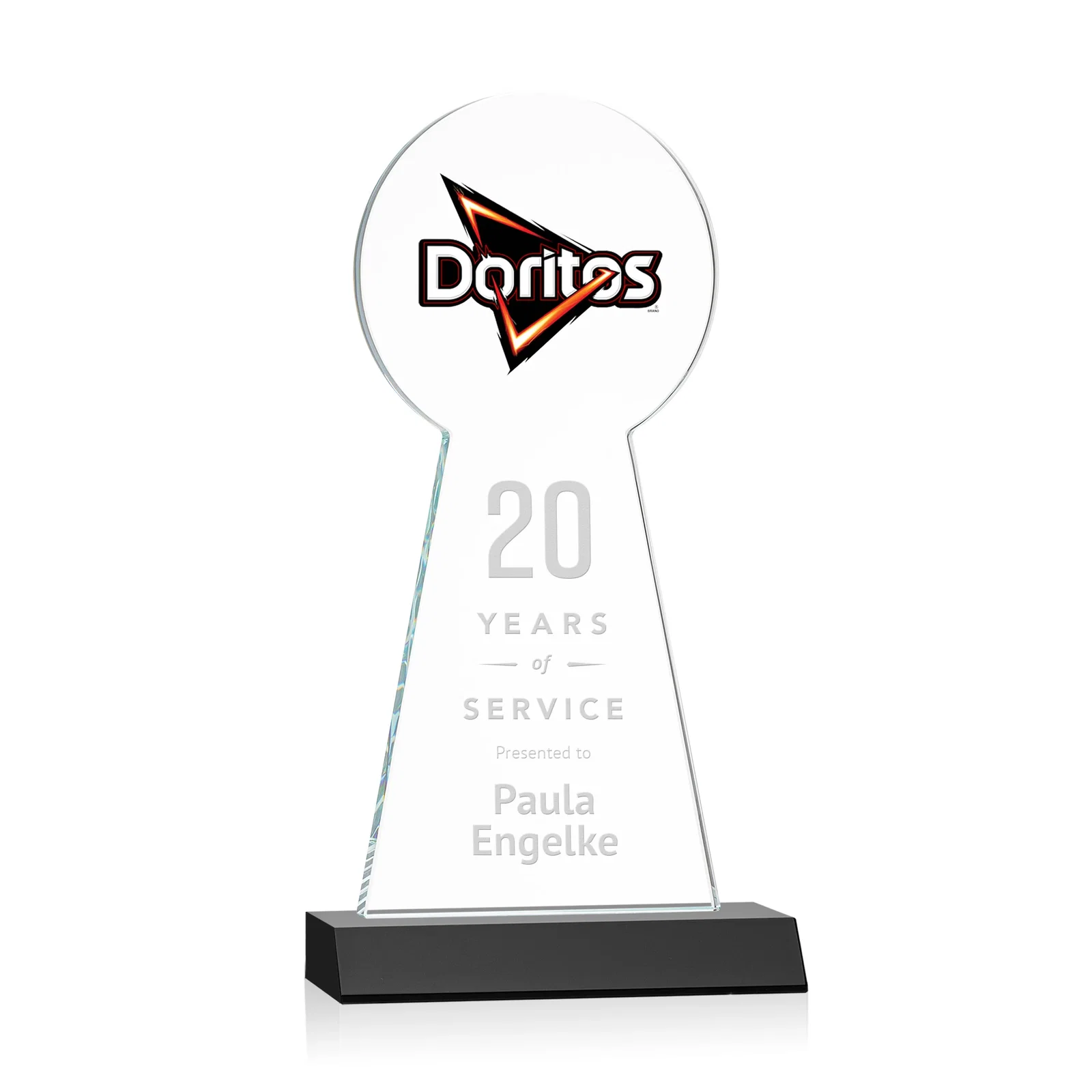 Custom engraved Starfire Crystal Tower Award With Large Circle Top for graduation ceremonies