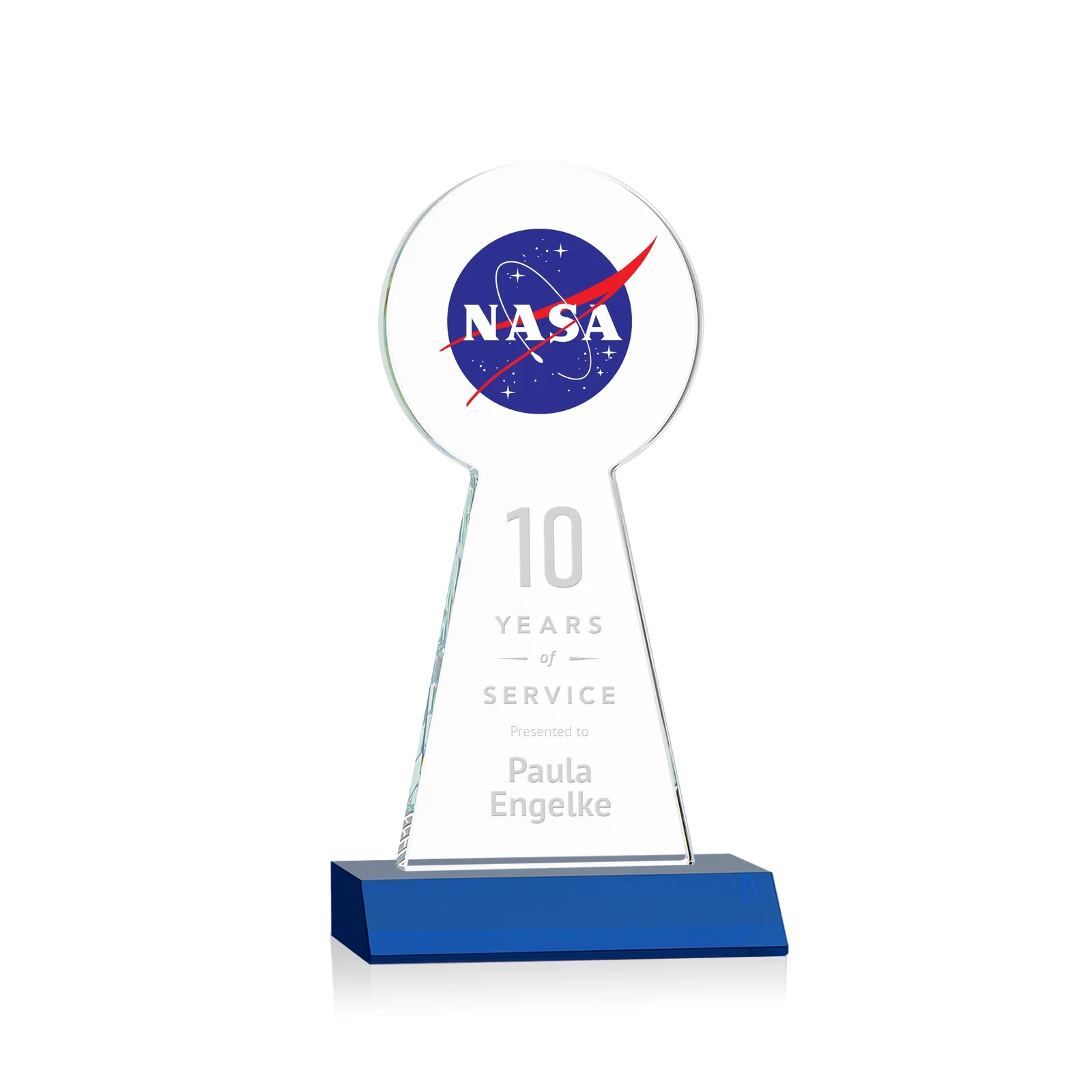 Custom engraved Starfire Crystal Tower Award With Large Circle Top for dealer and partner awards