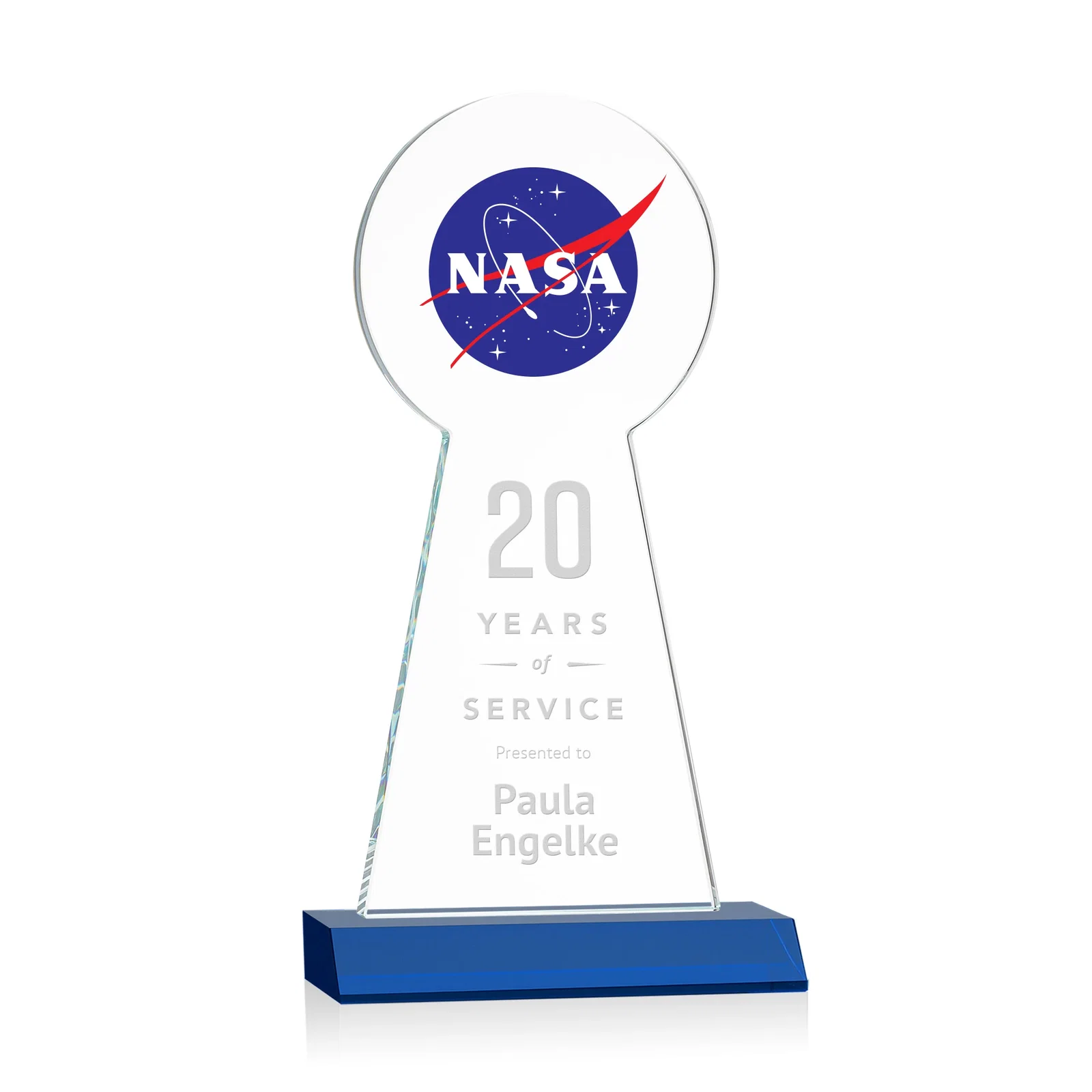 Custom engraved Starfire Crystal Tower Award With Large Circle Top for company anniversary events
