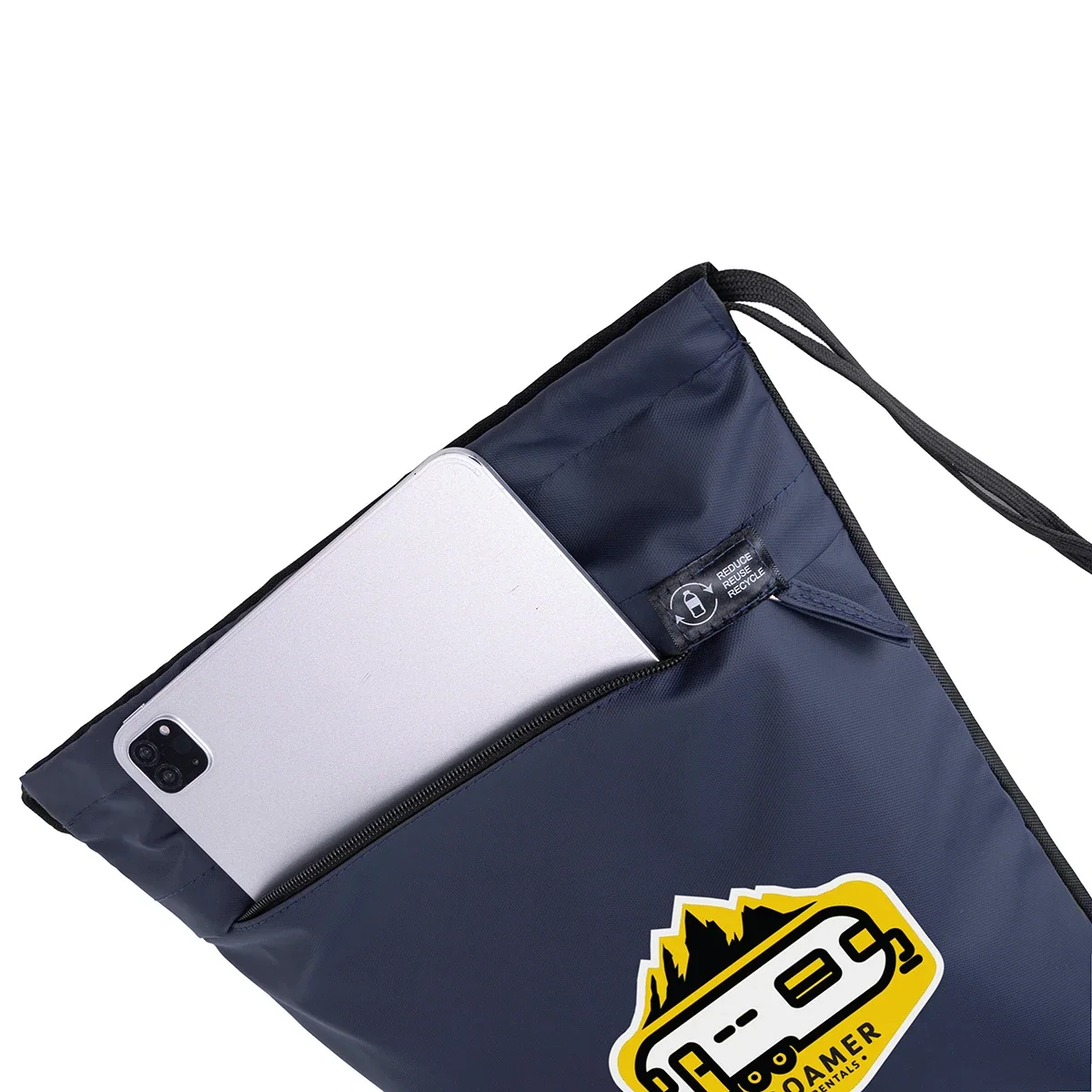 Close-up of the custom Lakeshore Recycled Nylon Drawstring Bag's logo imprint area