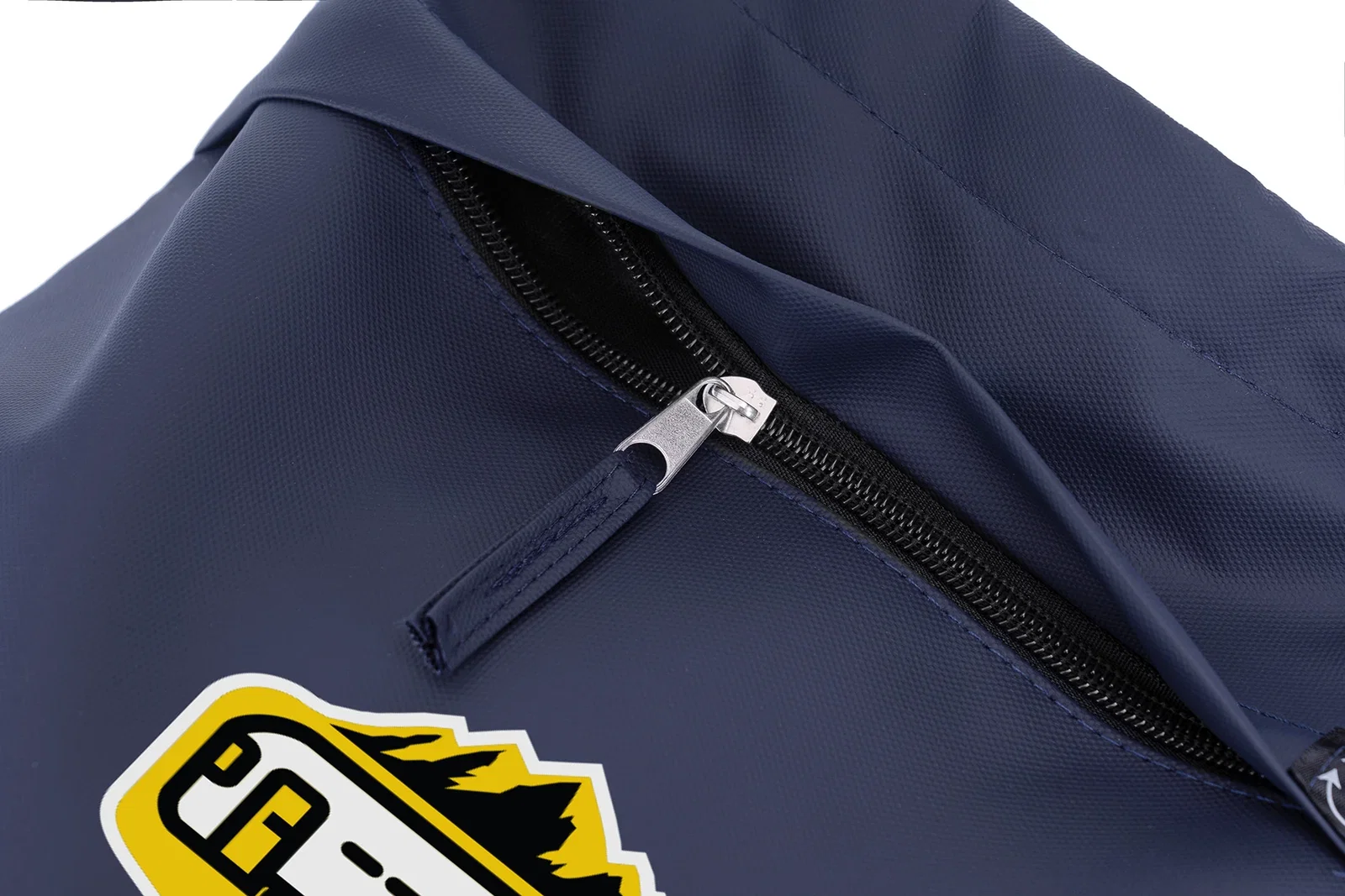 Promotional Lakeshore Recycled Nylon Drawstring Bag worn over the shoulder, branded bag lifestyle shot