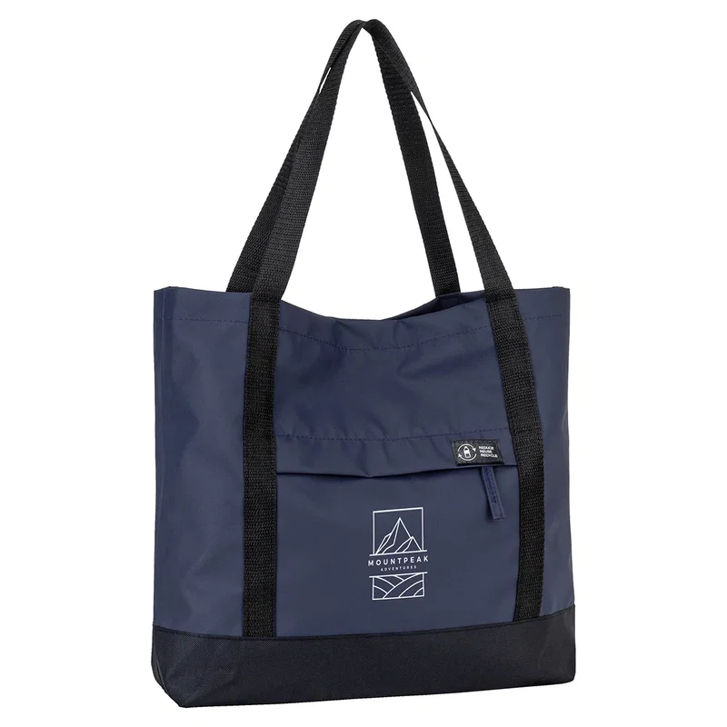 Close-up of the custom Lakeshore Recycled Nylon Tote's logo imprint area