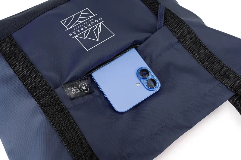 Angled view of the branded Lakeshore Recycled Nylon Tote