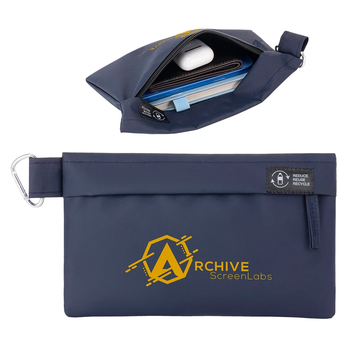 Custom Lakeshore recycled nylon utility pouch, front view of the branded pouch with carabiner
