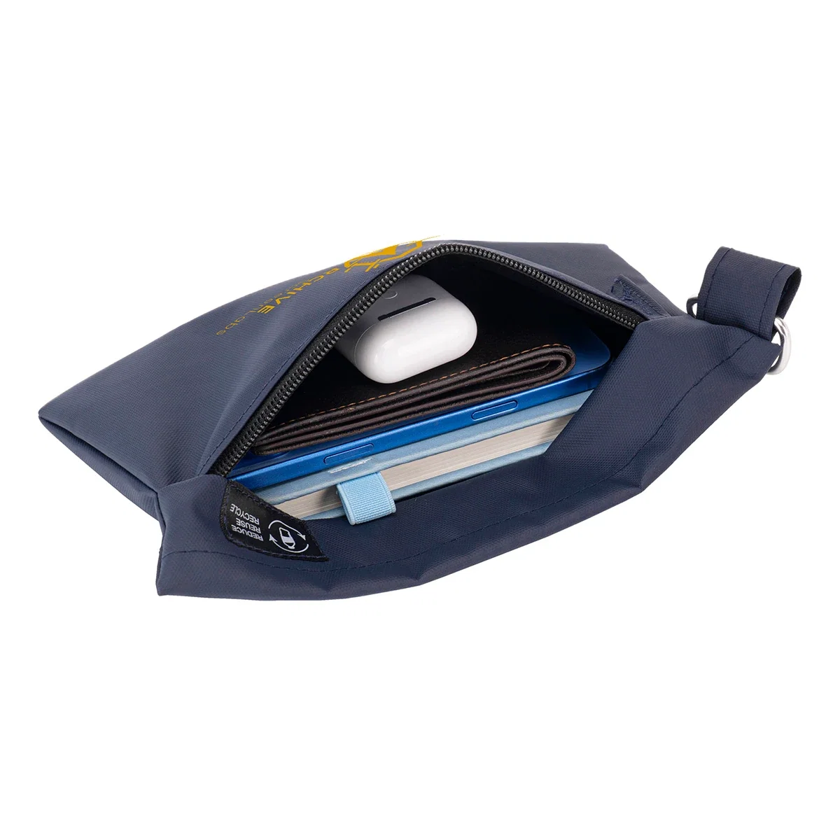 Side profile of the promotional Lakeshore utility pouch showing the carabiner clip
