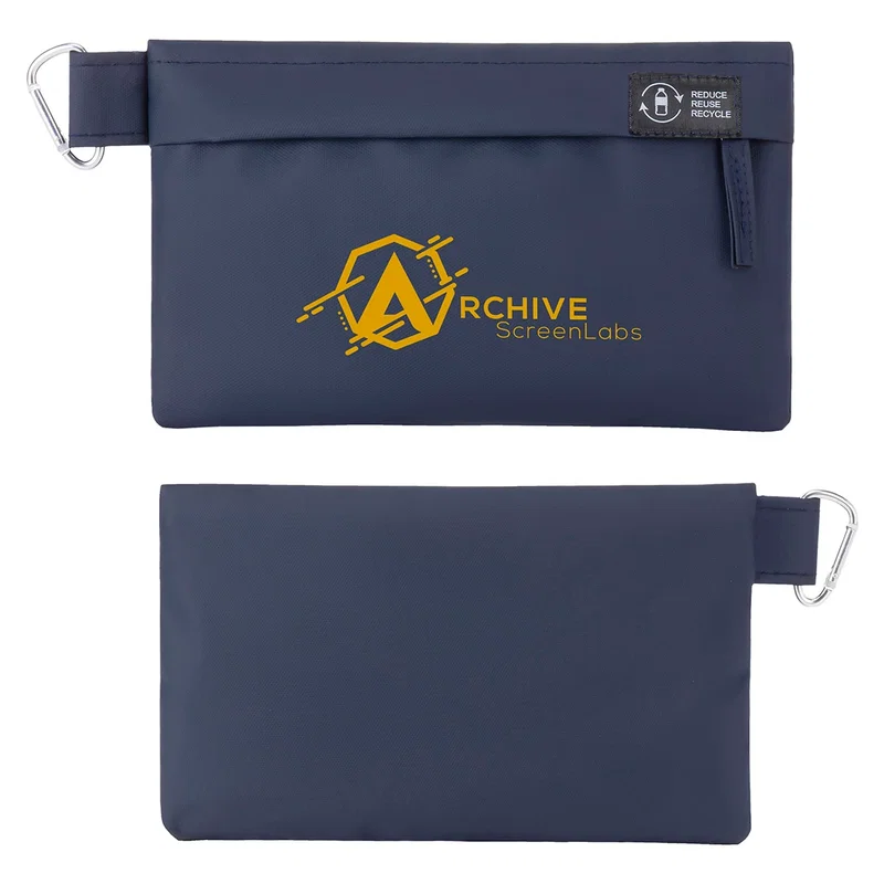 Custom Lakeshore pouch shown open, displaying the recycled nylon interior