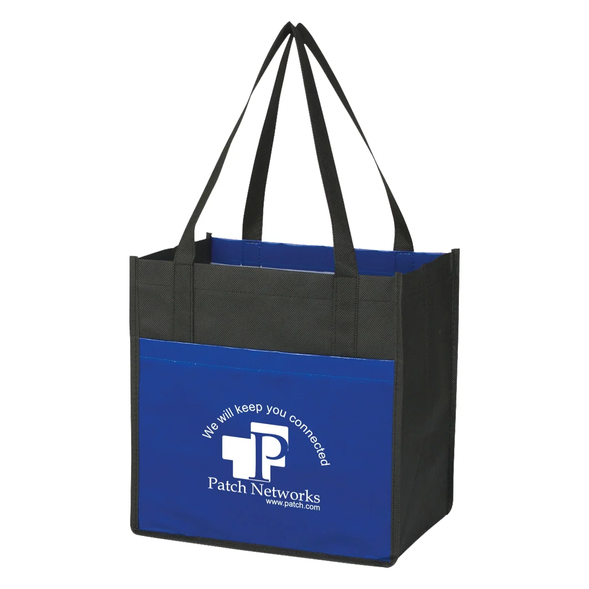 Royal blue laminated shopper with black trim and long handles