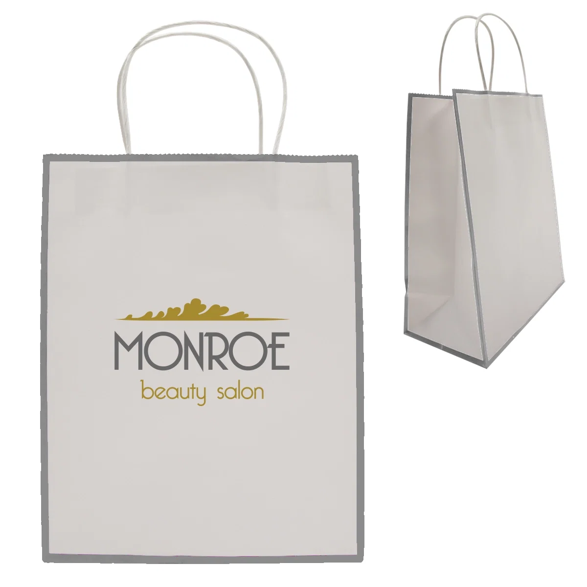 Laminated paper gift bag standing upright with its handles raised