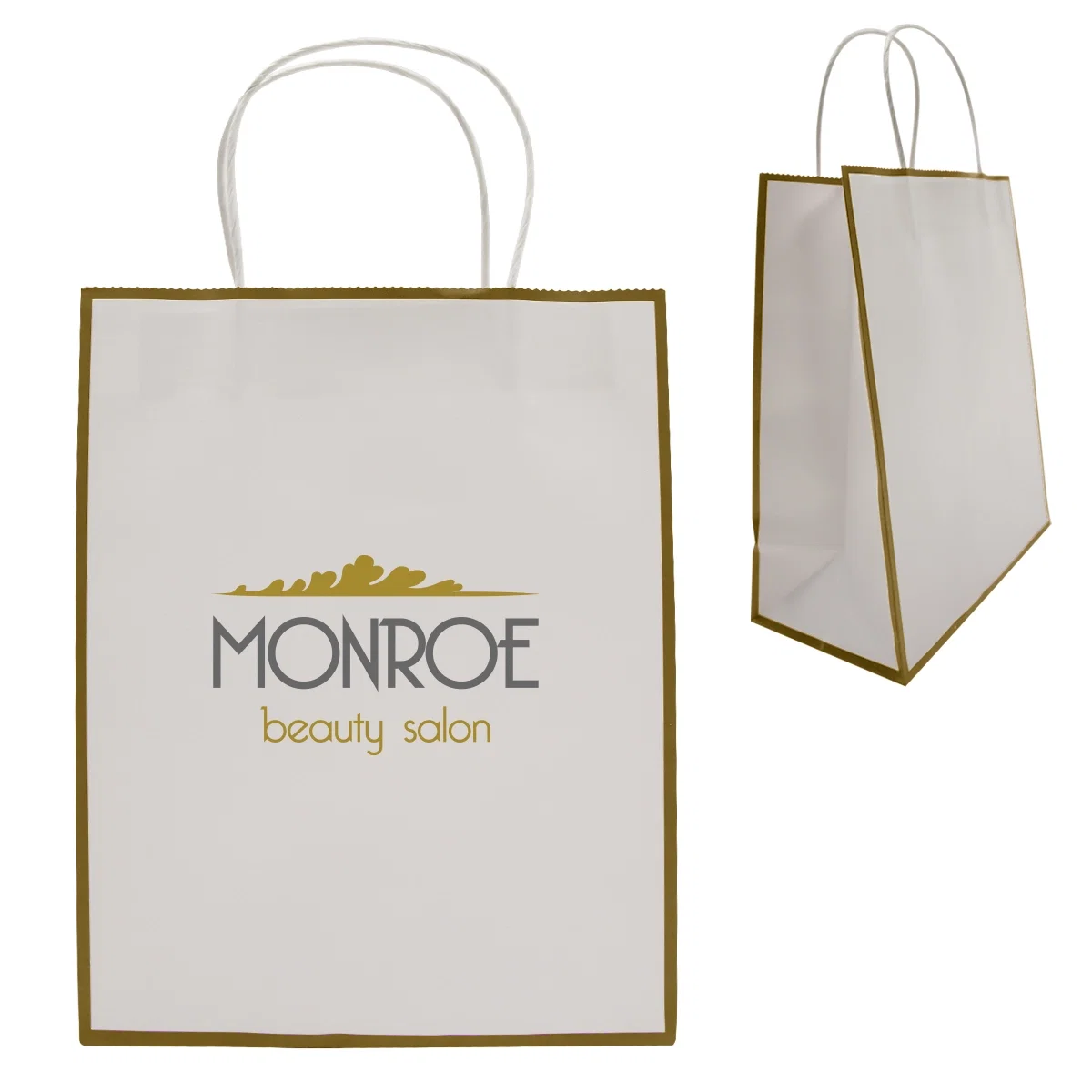 White bag finished with gold trim, viewed from the front