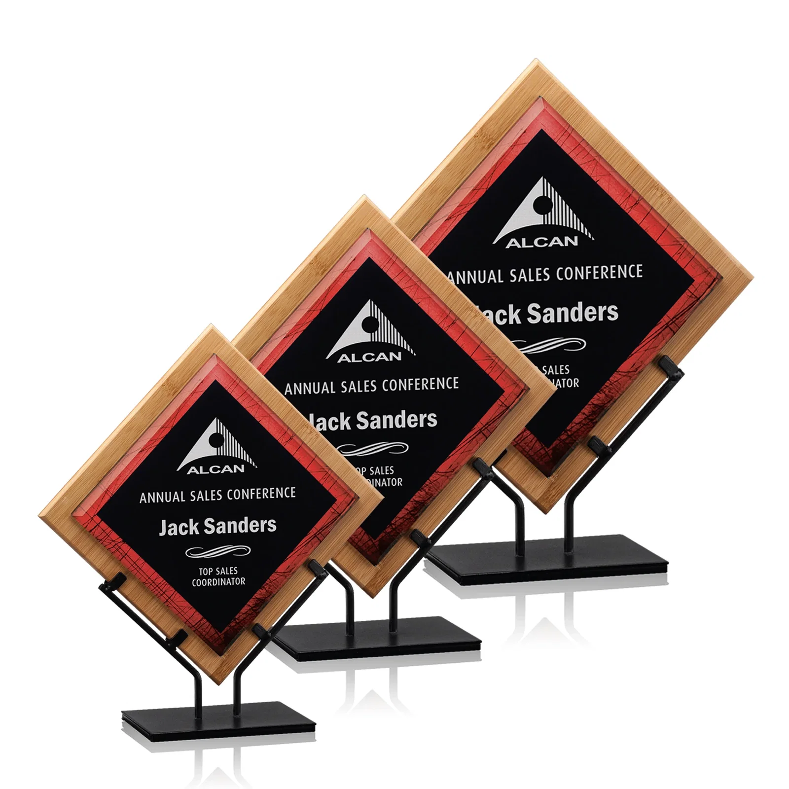 Custom Angled Bamboo Frame Acrylic Award on Cast Iron Stand for employee recognition
