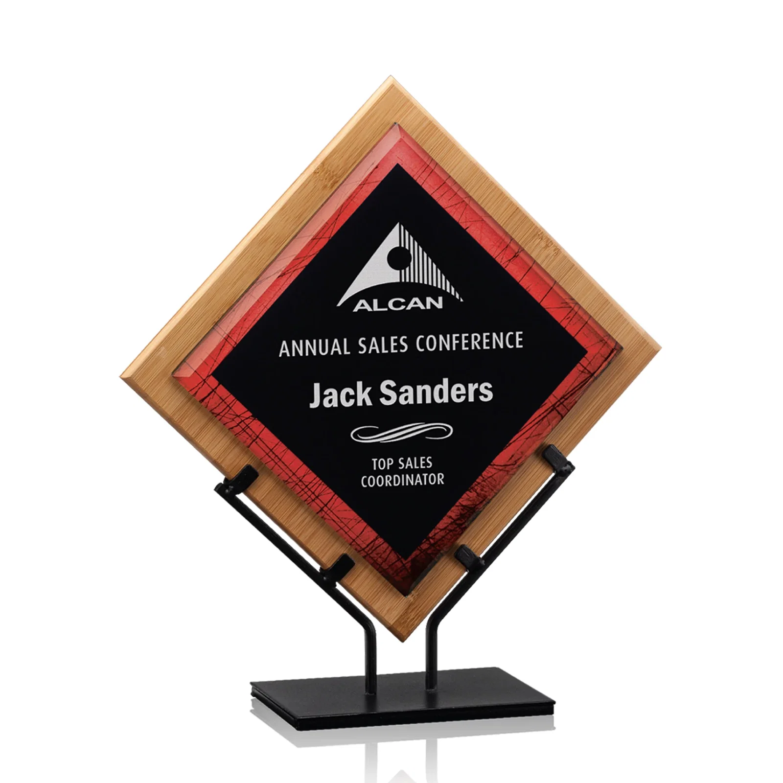 Custom Angled Bamboo Frame Acrylic Award on Cast Iron Stand for corporate award ceremonies