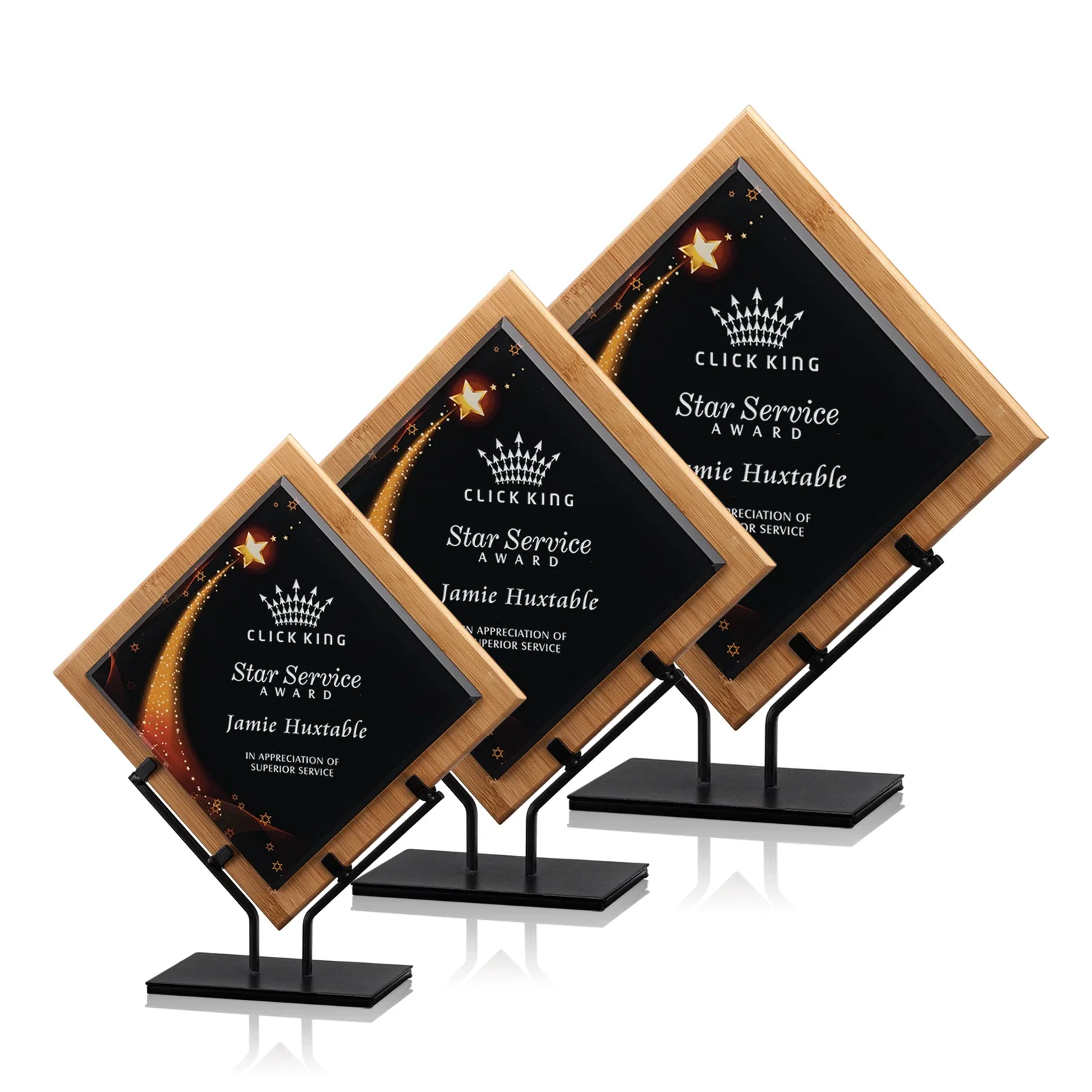 Custom Angled Bamboo Frame Acrylic Award on Cast Iron Stand for service anniversary gifts