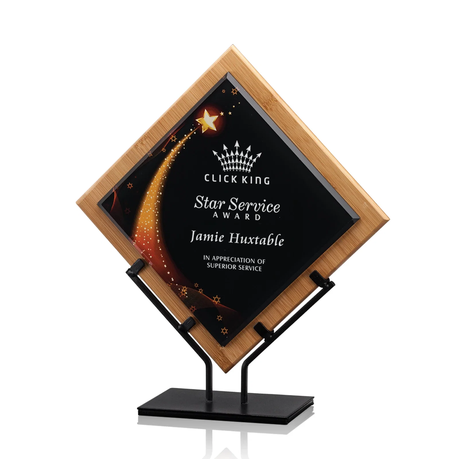 Custom Angled Bamboo Frame Acrylic Award on Cast Iron Stand for sales achievement awards