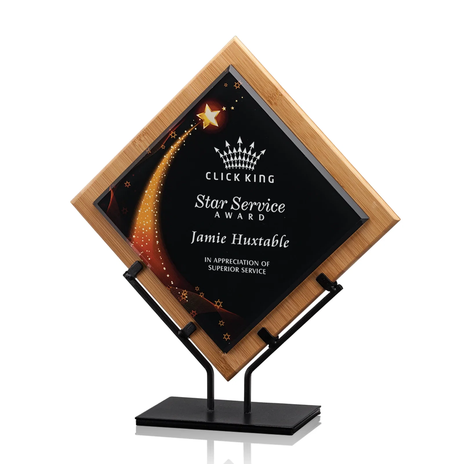 Custom Angled Bamboo Frame Acrylic Award on Cast Iron Stand for retirement presentations