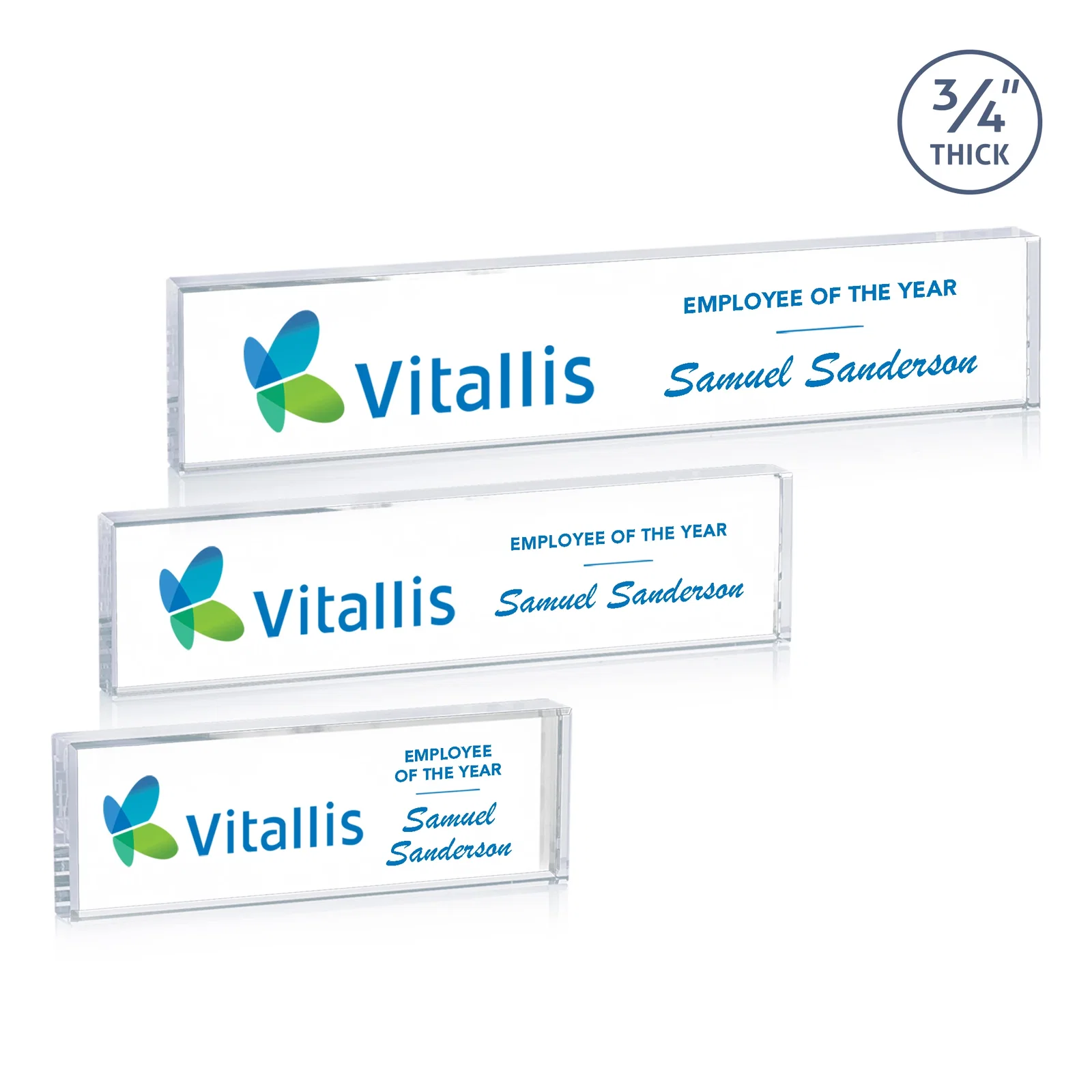 Custom Starfire Crystal Desk Nameplate, 0.75 Inch Thick With Polished Edges for retirement presentations
