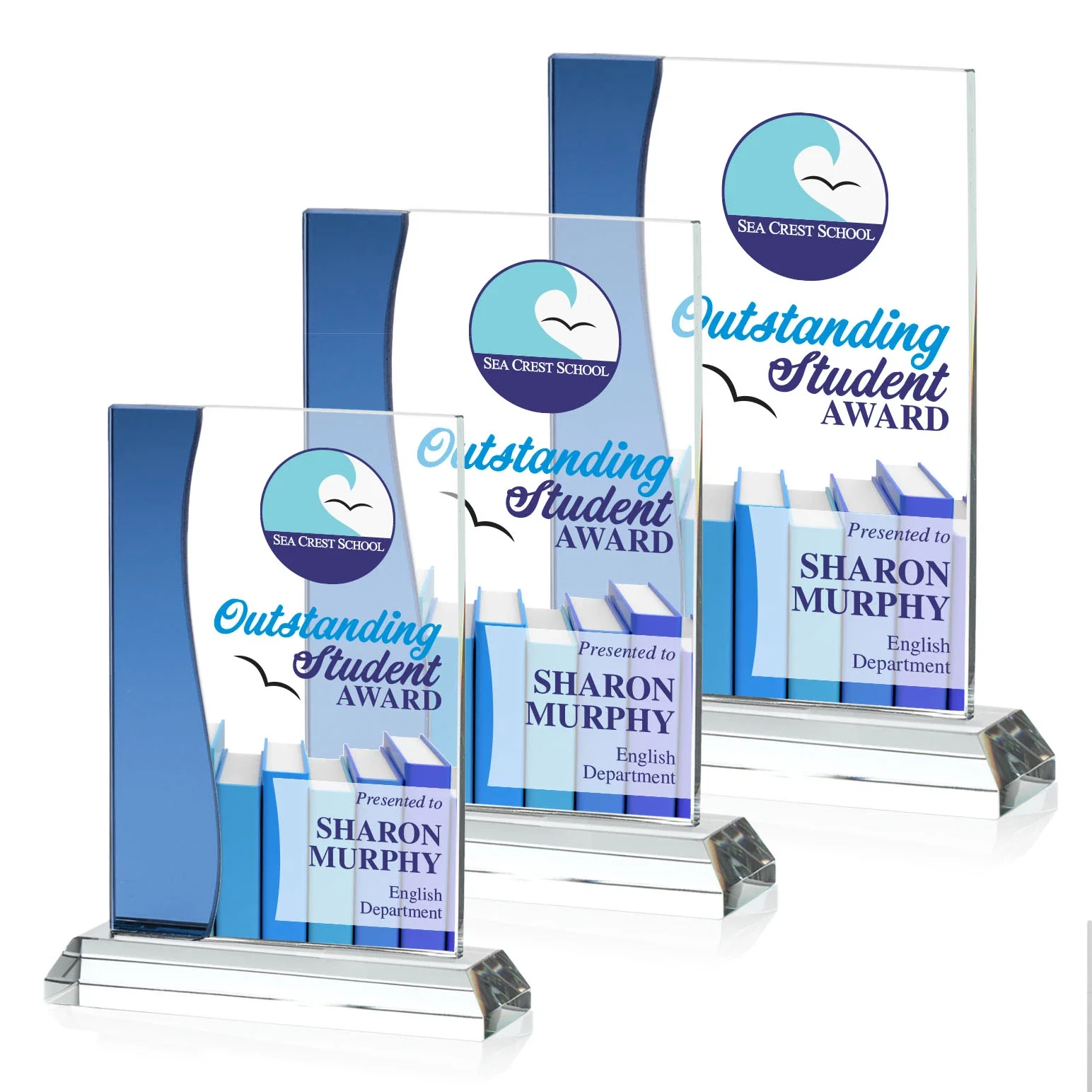 Personalized Starfire Crystal Rectangle Award With Layered Blue Accent, awards for employee recognition