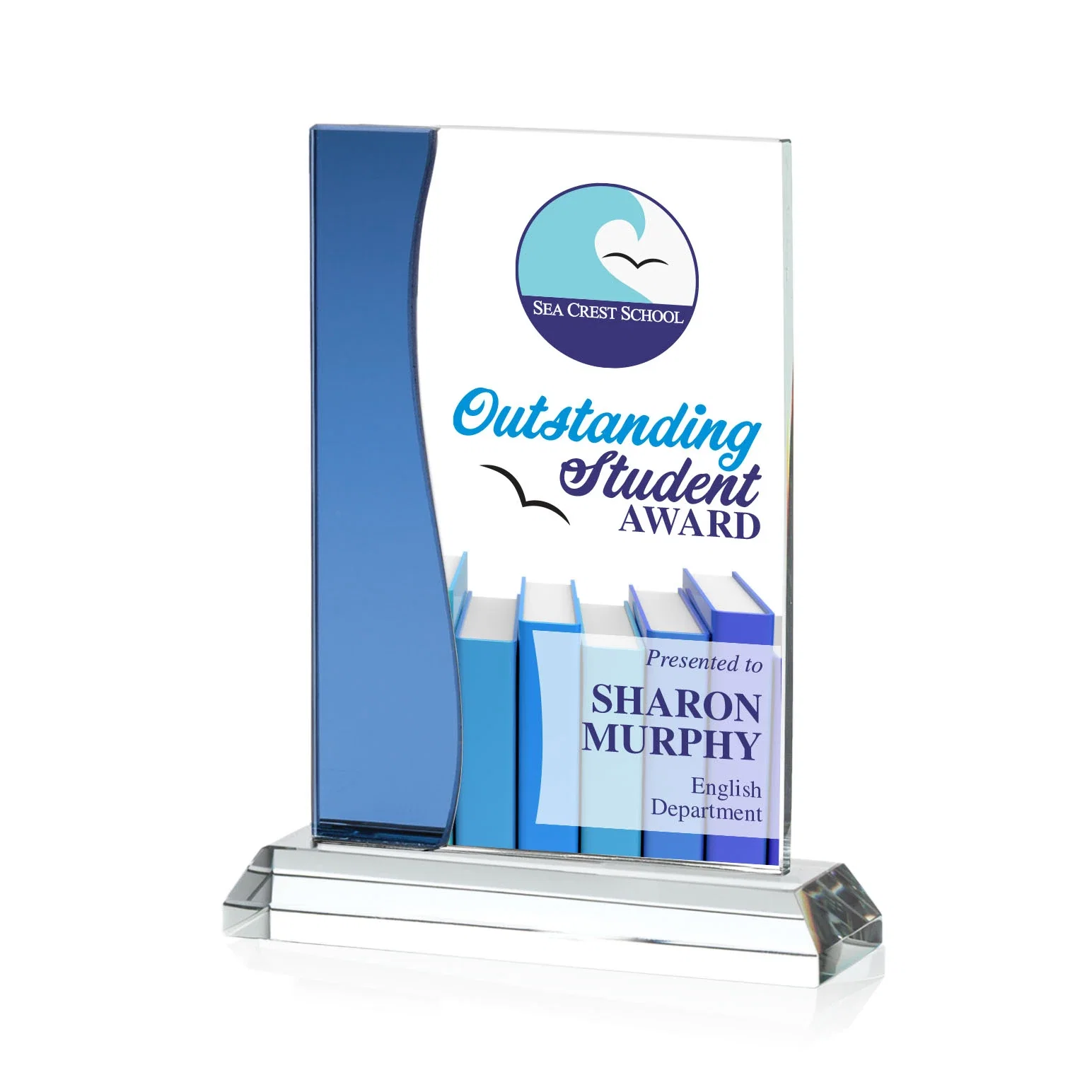 Personalized Starfire Crystal Rectangle Award With Layered Blue Accent, awards for corporate award ceremonies