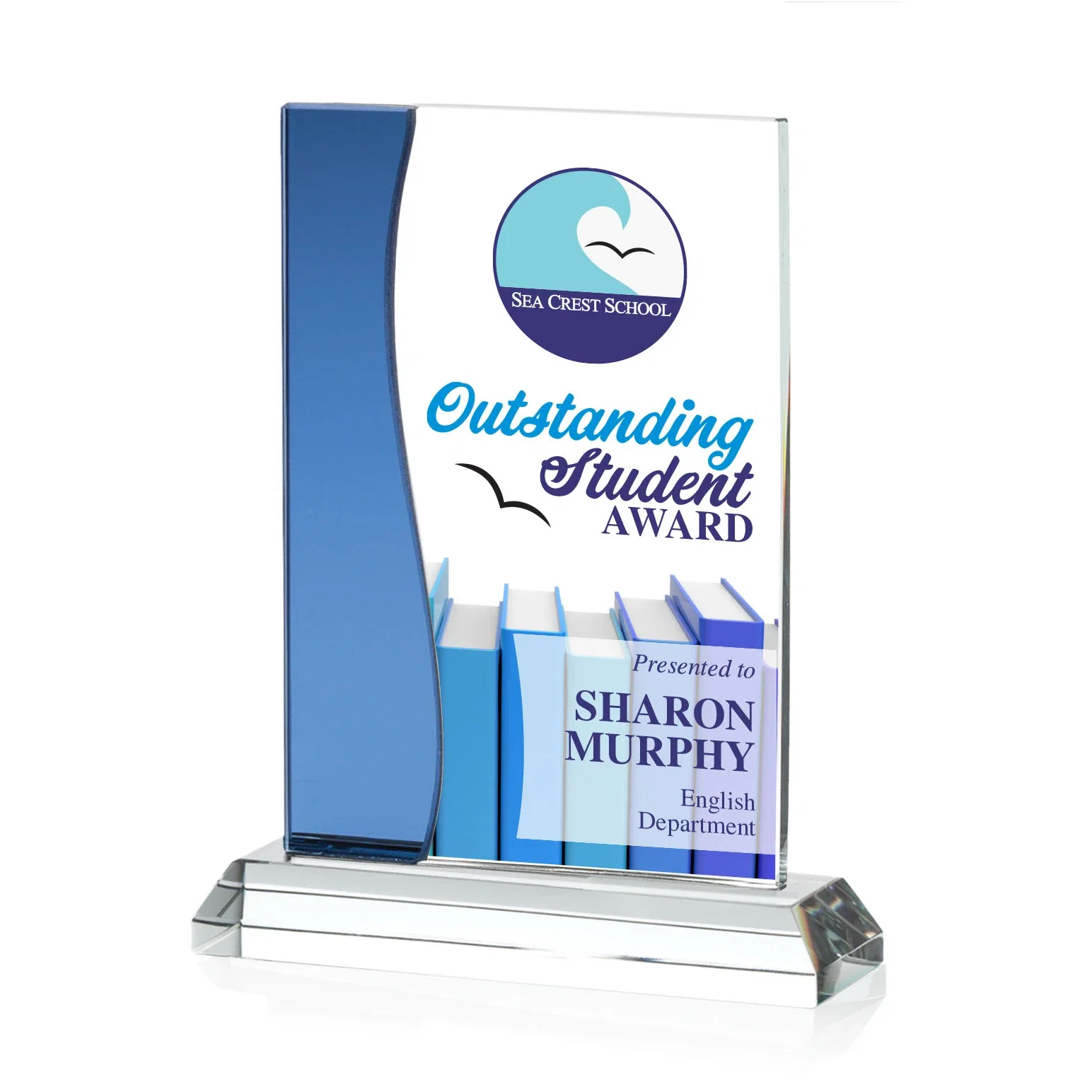 Personalized Starfire Crystal Rectangle Award With Layered Blue Accent, awards for service anniversary gifts