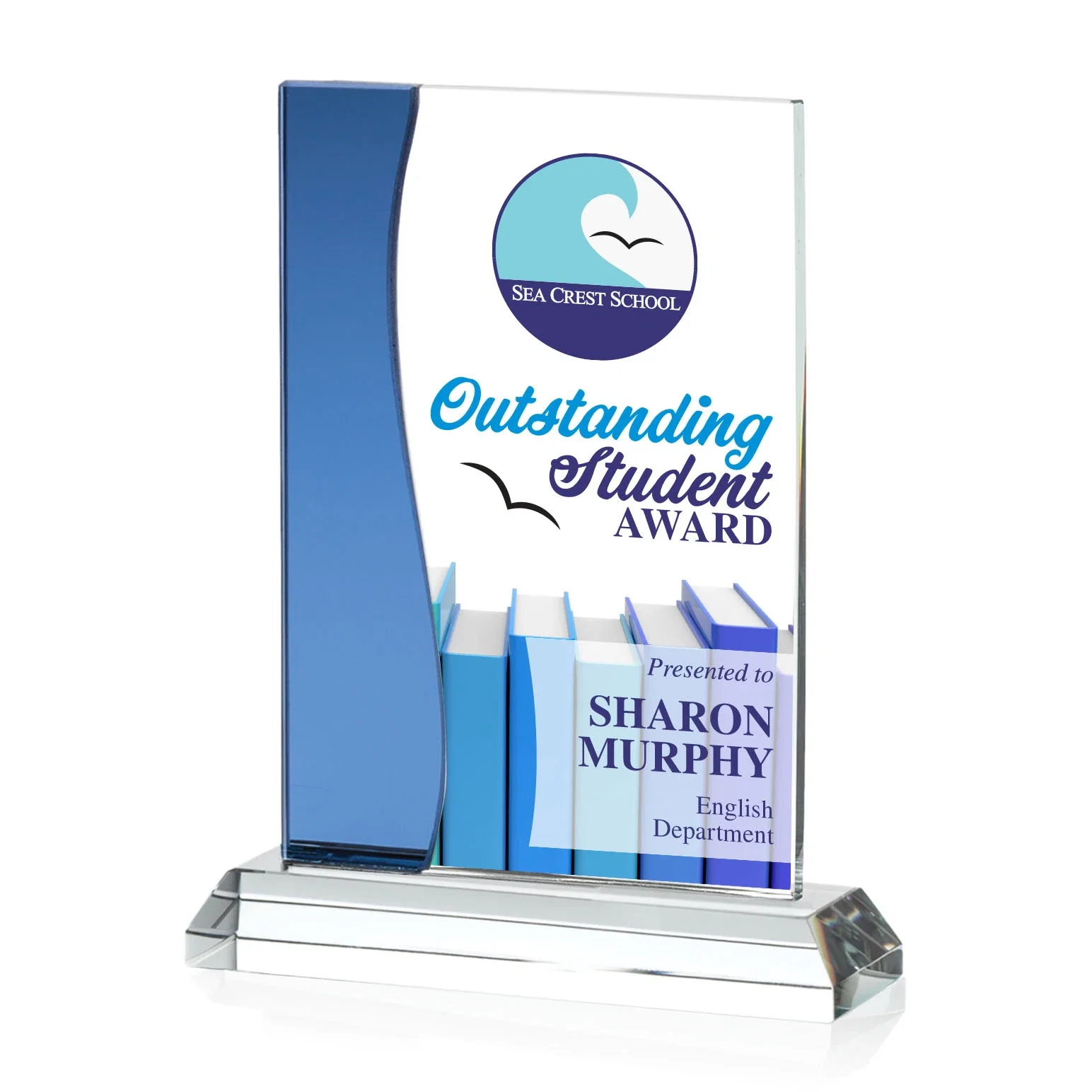 Personalized Starfire Crystal Rectangle Award With Layered Blue Accent, awards for sales achievement awards
