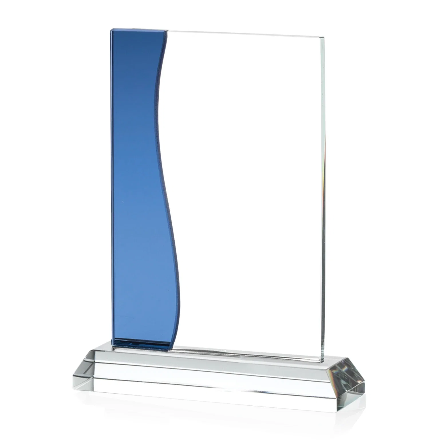 Personalized Starfire Crystal Rectangle Award With Layered Blue Accent, awards for donor appreciation