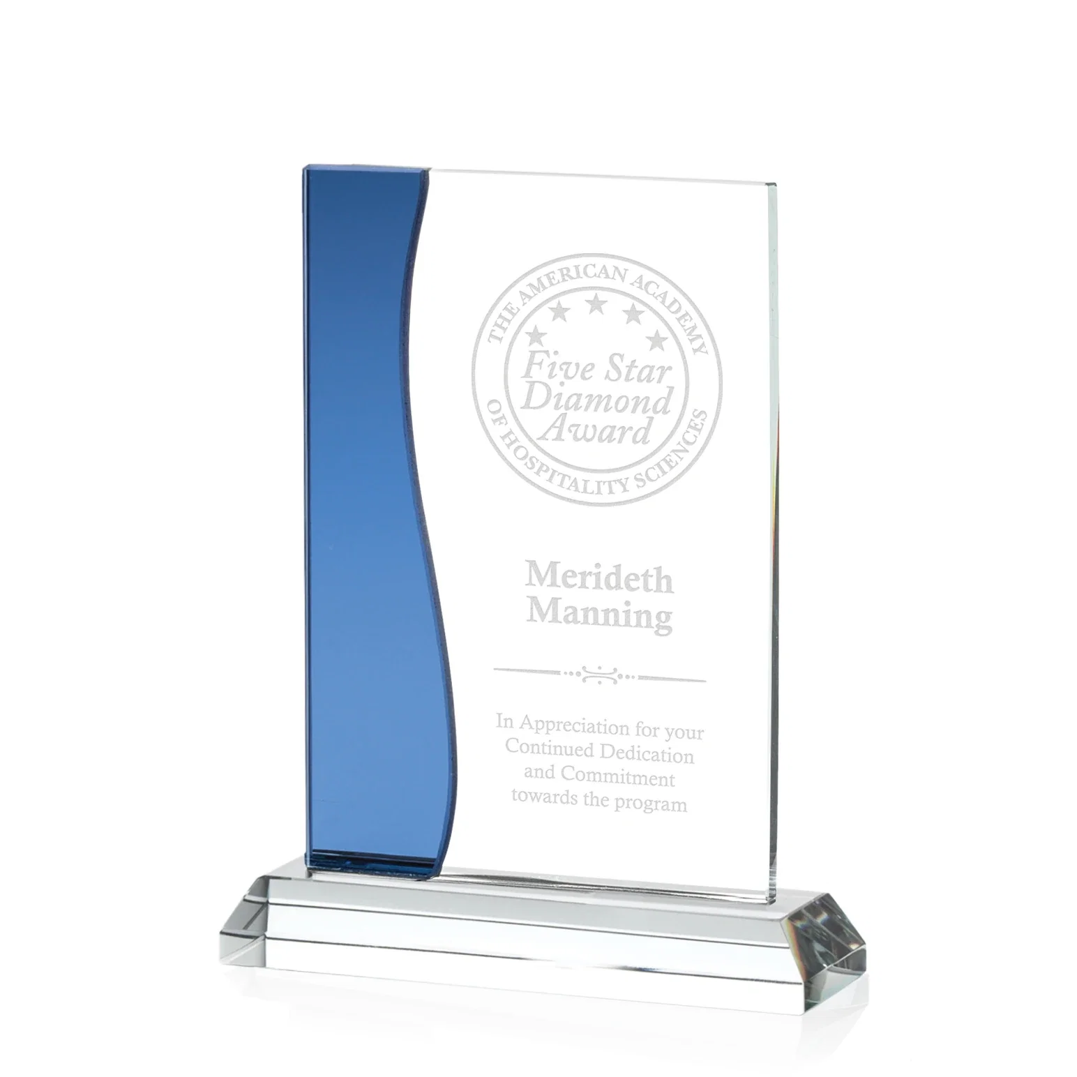 Custom Starfire Crystal Rectangle Award With Layered Blue Accent, awards for corporate award ceremonies