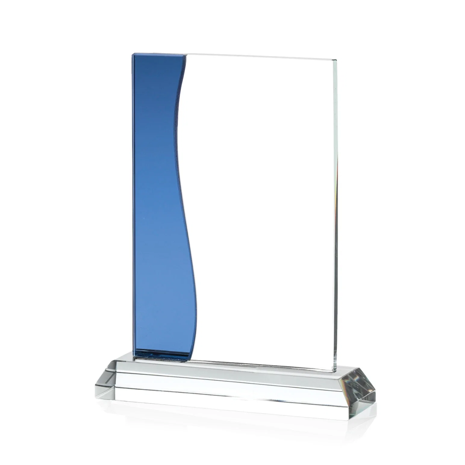 Promotional Starfire Crystal Rectangle Award With Layered Blue Accent, awards for corporate award ceremonies