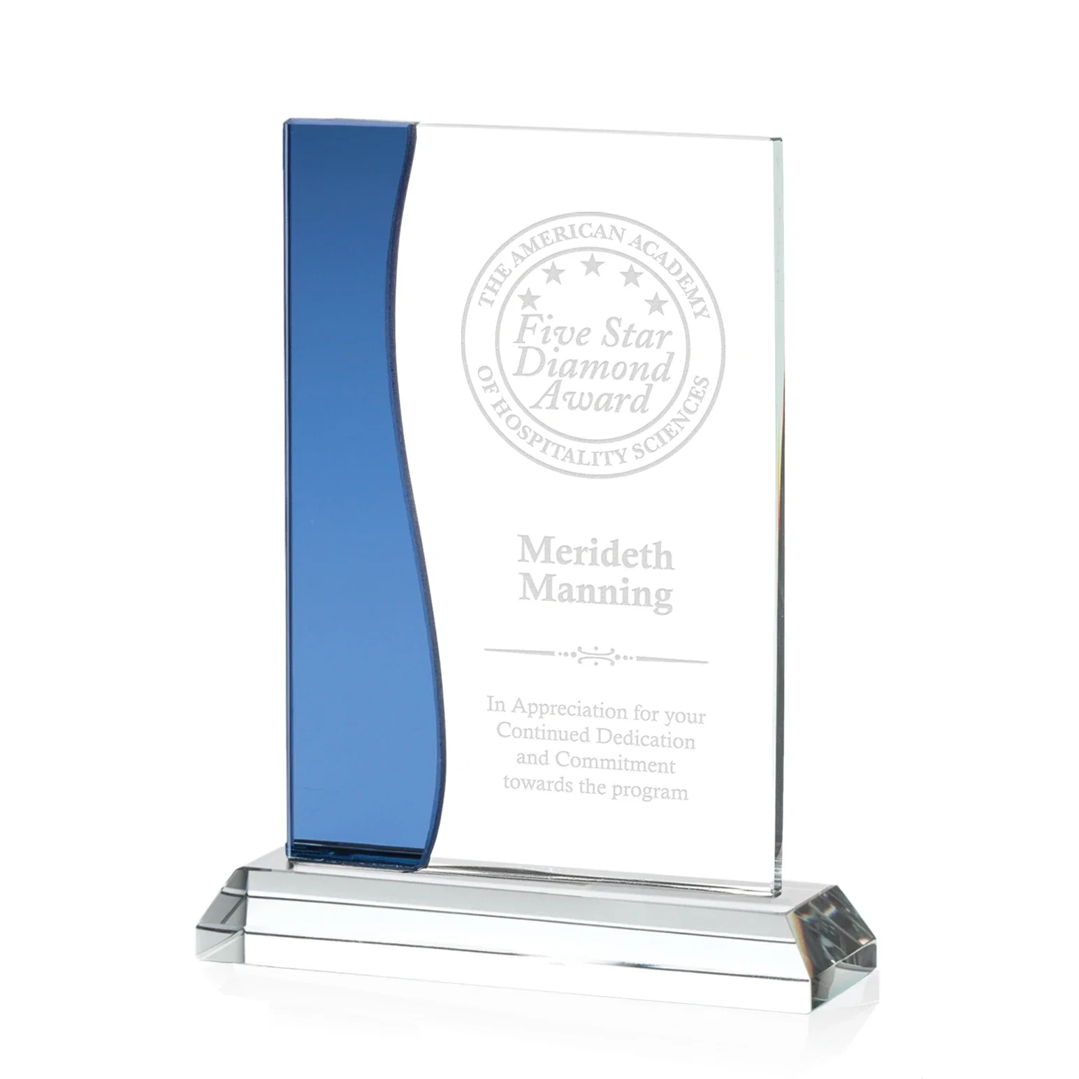 Custom Starfire Crystal Rectangle Award With Layered Blue Accent, awards for service anniversary gifts