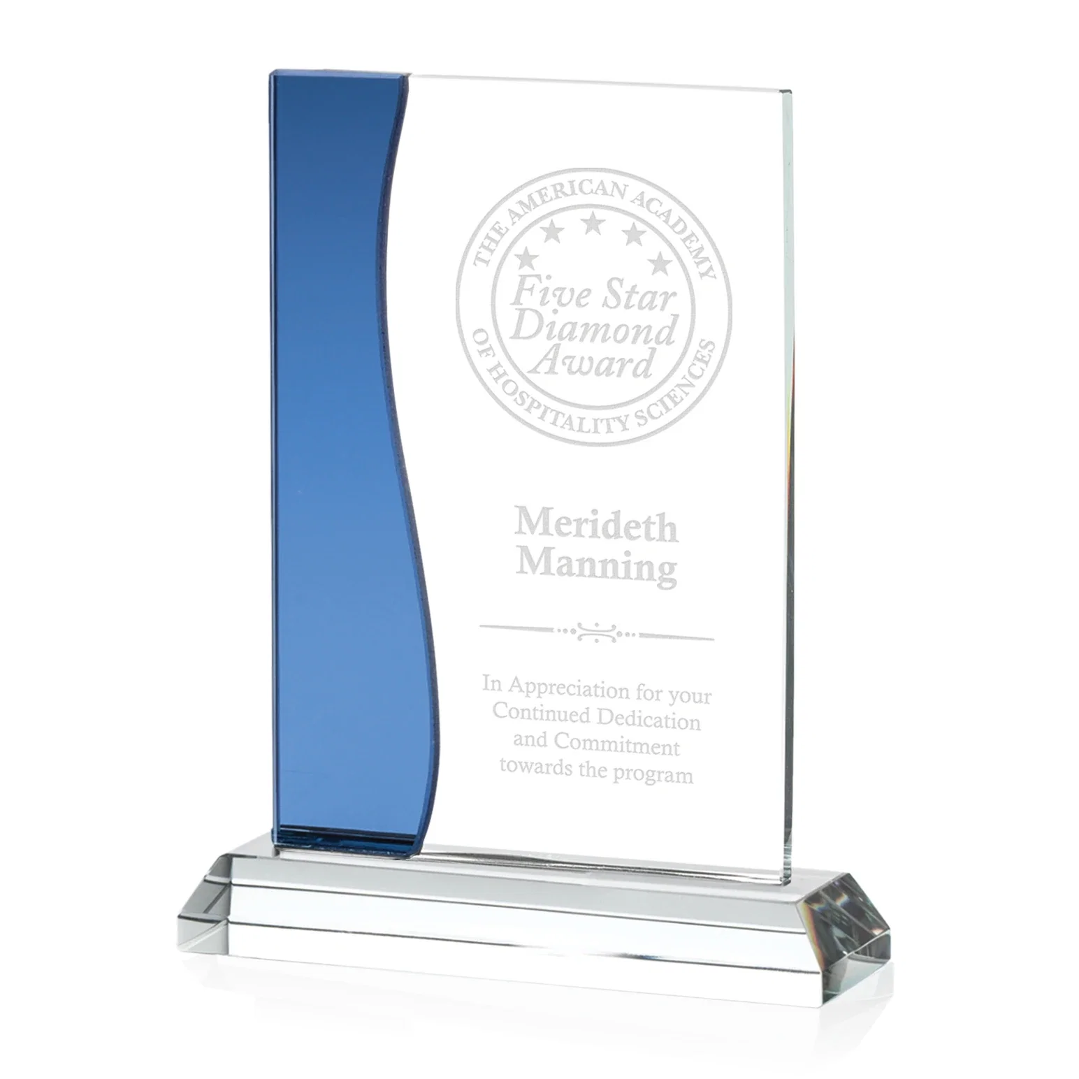 Custom Starfire Crystal Rectangle Award With Layered Blue Accent, awards for sales achievement awards