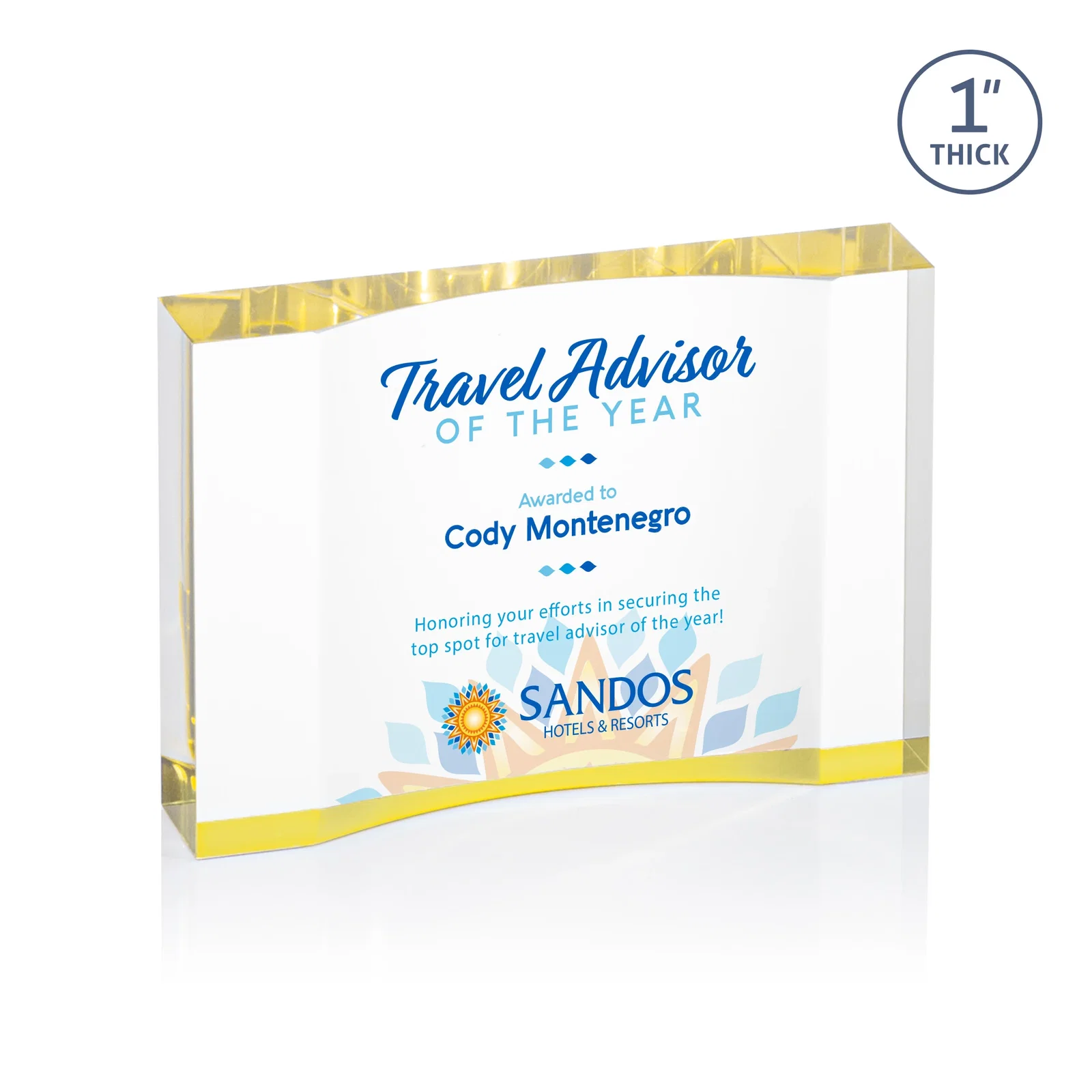 Personalized Thick Acrylic Award With Inward-Curved Recessed Text Panel for volunteer appreciation