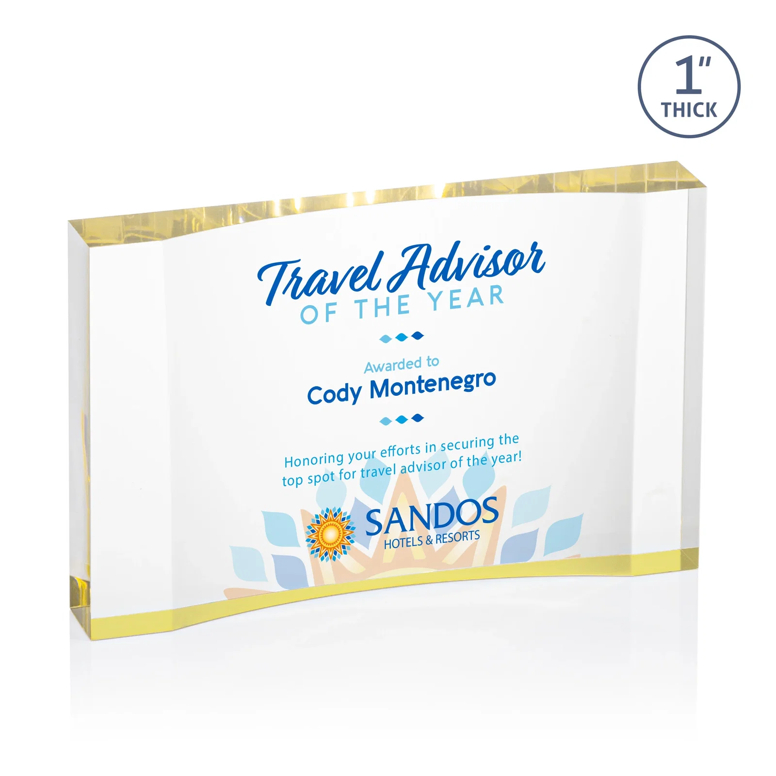 Personalized Thick Acrylic Award With Inward-Curved Recessed Text Panel for dealer and partner awards