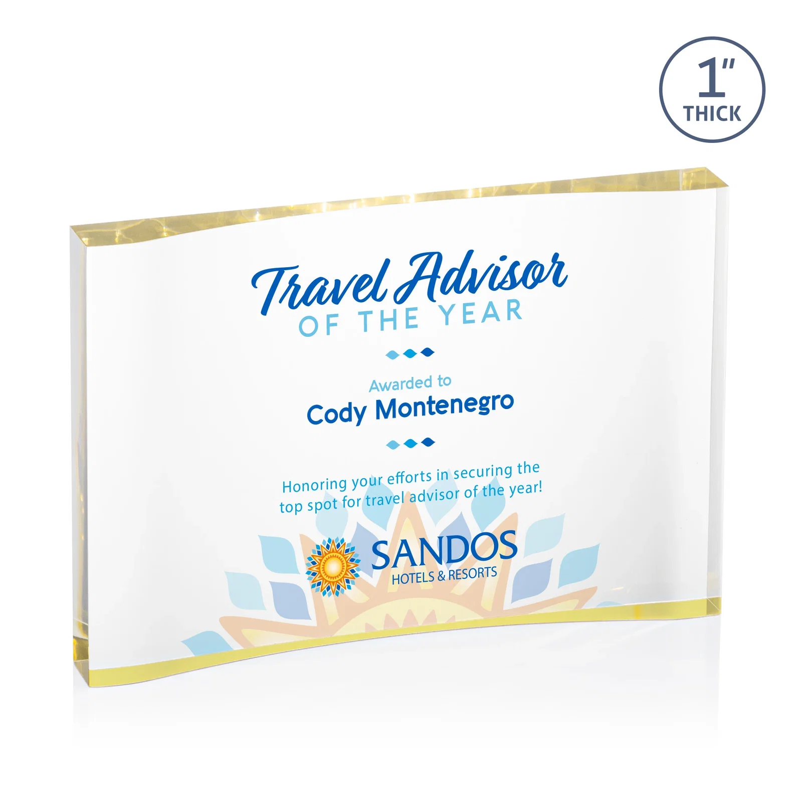 Personalized Thick Acrylic Award With Inward-Curved Recessed Text Panel for company anniversary events