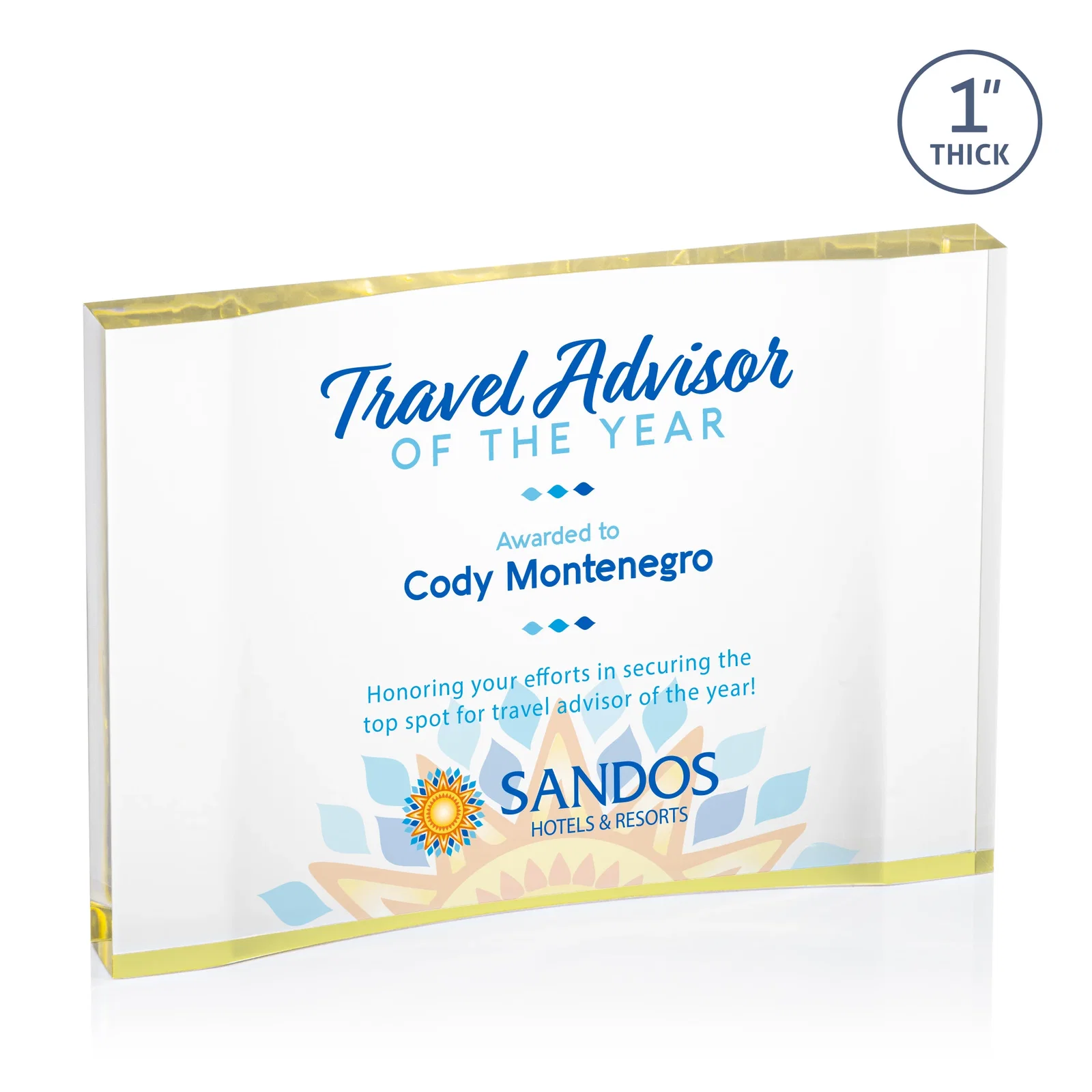 Promotional Thick Acrylic Award With Inward-Curved Recessed Text Panel for employee recognition