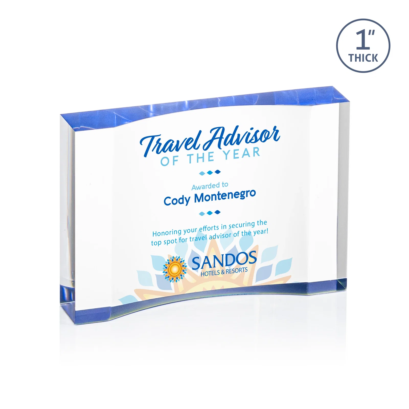 Promotional Thick Acrylic Award With Inward-Curved Recessed Text Panel for service anniversary gifts