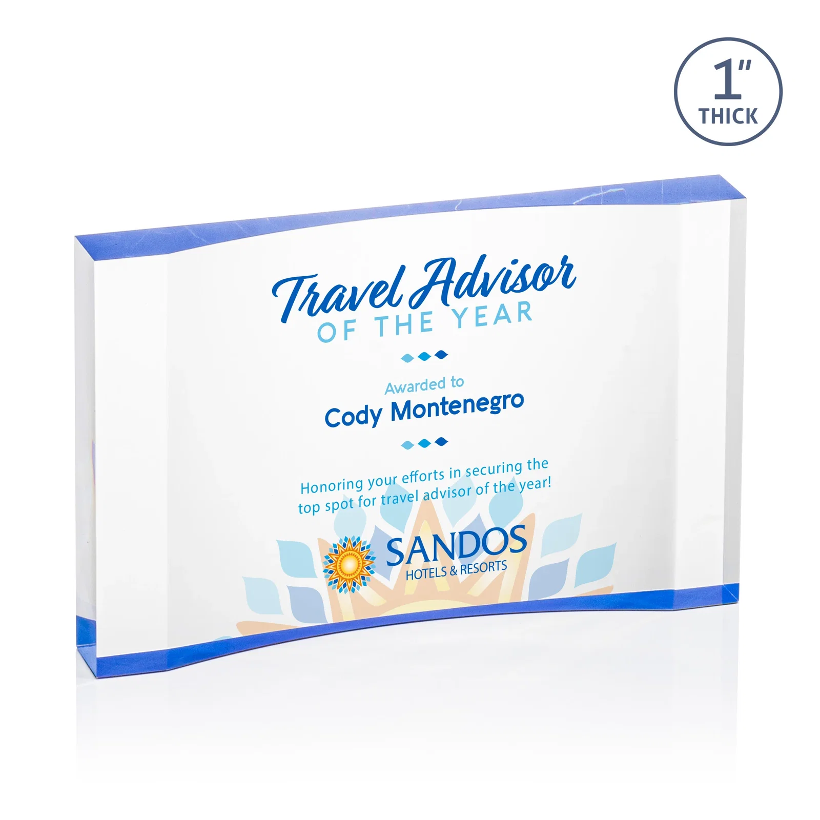 Promotional Thick Acrylic Award With Inward-Curved Recessed Text Panel for sales achievement awards