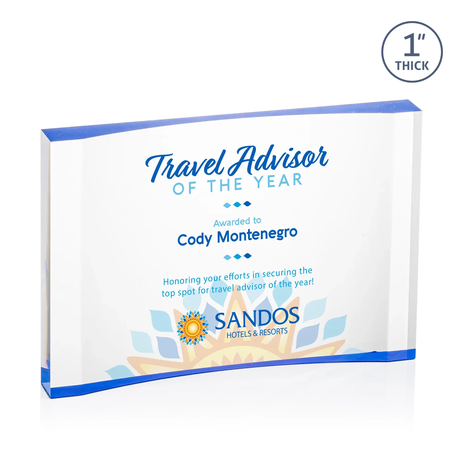 Promotional Thick Acrylic Award With Inward-Curved Recessed Text Panel for retirement presentations